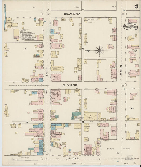 Sanborn Fire Insurance Map from Bedford, Bedford County, Pennsylvania (1885), Sheet #0003 - Historic Sanborn Fire Insurance Map Print, vintage old map wall art, antique decor, genealogy gift, Pennsylvania Pennsylvania map