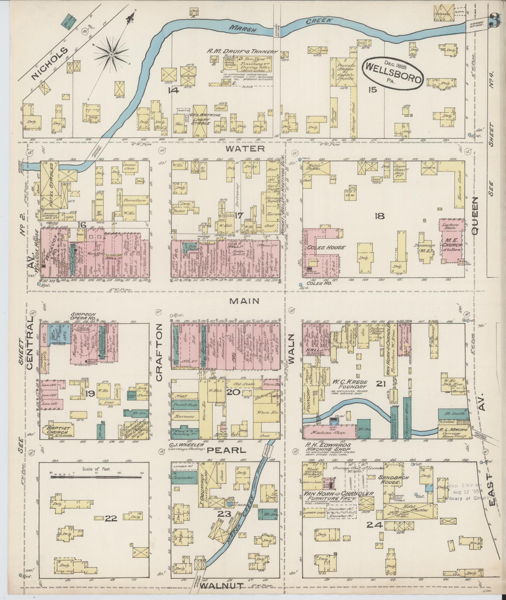 Sanborn Fire Insurance Map from Wellsboro, Tioga County, Pennsylvania (1885), Sheet #0003 - Complete Map Set gallery image, historic Sanborn map, vintage wall art, Pennsylvania Pennsylvania