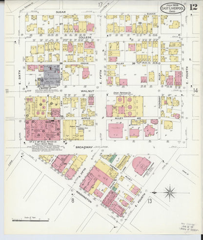 Sanborn Fire Insurance Map from East Liverpool, Columbiana County, Ohio (1908), Sheet #0012 - Historic Sanborn Fire Insurance Map Print, vintage old map wall art, antique decor, genealogy gift, Ohio Ohio map