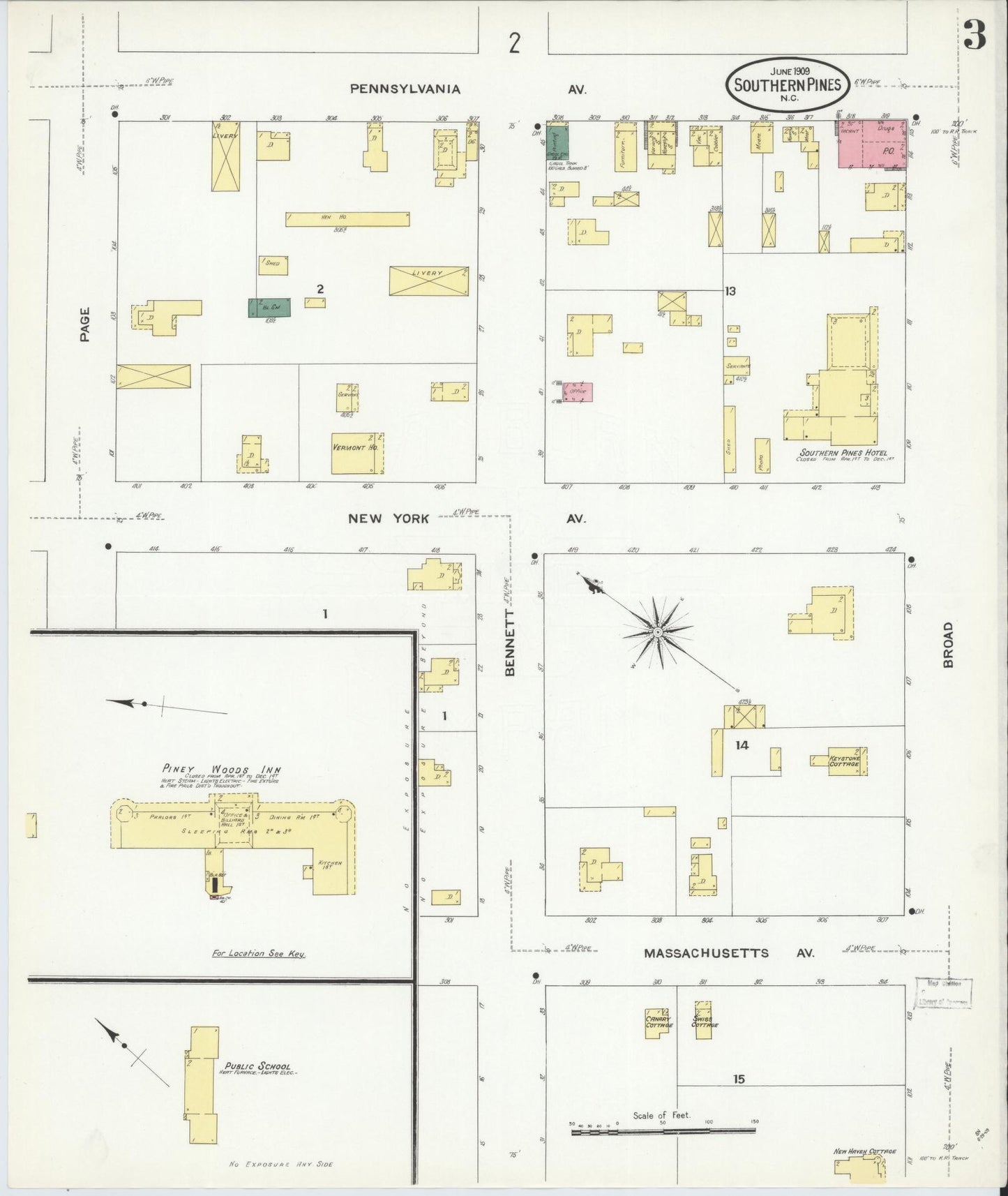 Sanborn Fire Insurance Map from Southern Pines, Moore County, North Carolina (1909), Sheet #0003 - Historic Sanborn Fire Insurance Map Print, vintage old map wall art, antique decor, genealogy gift, North Carolina North Carolina map