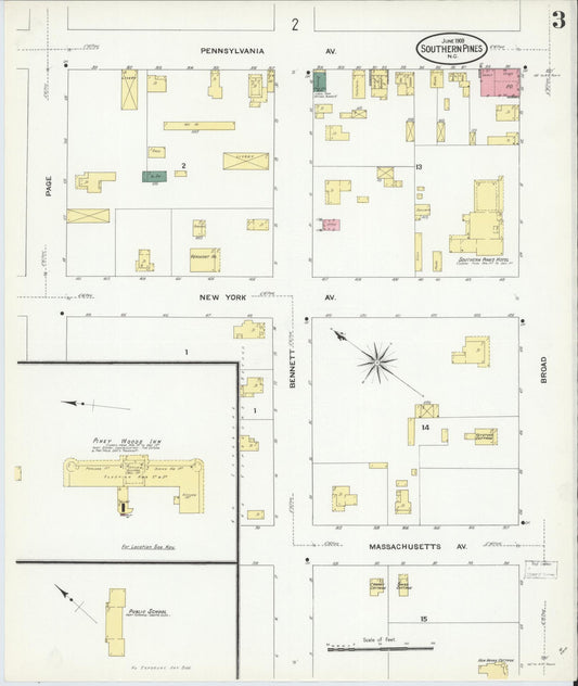 Sanborn Fire Insurance Map from Southern Pines, Moore County, North Carolina (1909), Sheet #0003 - Historic Sanborn Fire Insurance Map Print, vintage old map wall art, antique decor, genealogy gift, North Carolina North Carolina map