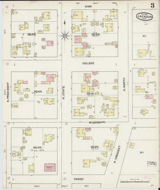 Sanborn Fire Insurance Map from Jackson, Hinds County, Mississippi (1890), Sheet #0003 - Historic Sanborn Fire Insurance Map Print, vintage old map wall art, antique decor, genealogy gift, Mississippi Mississippi map