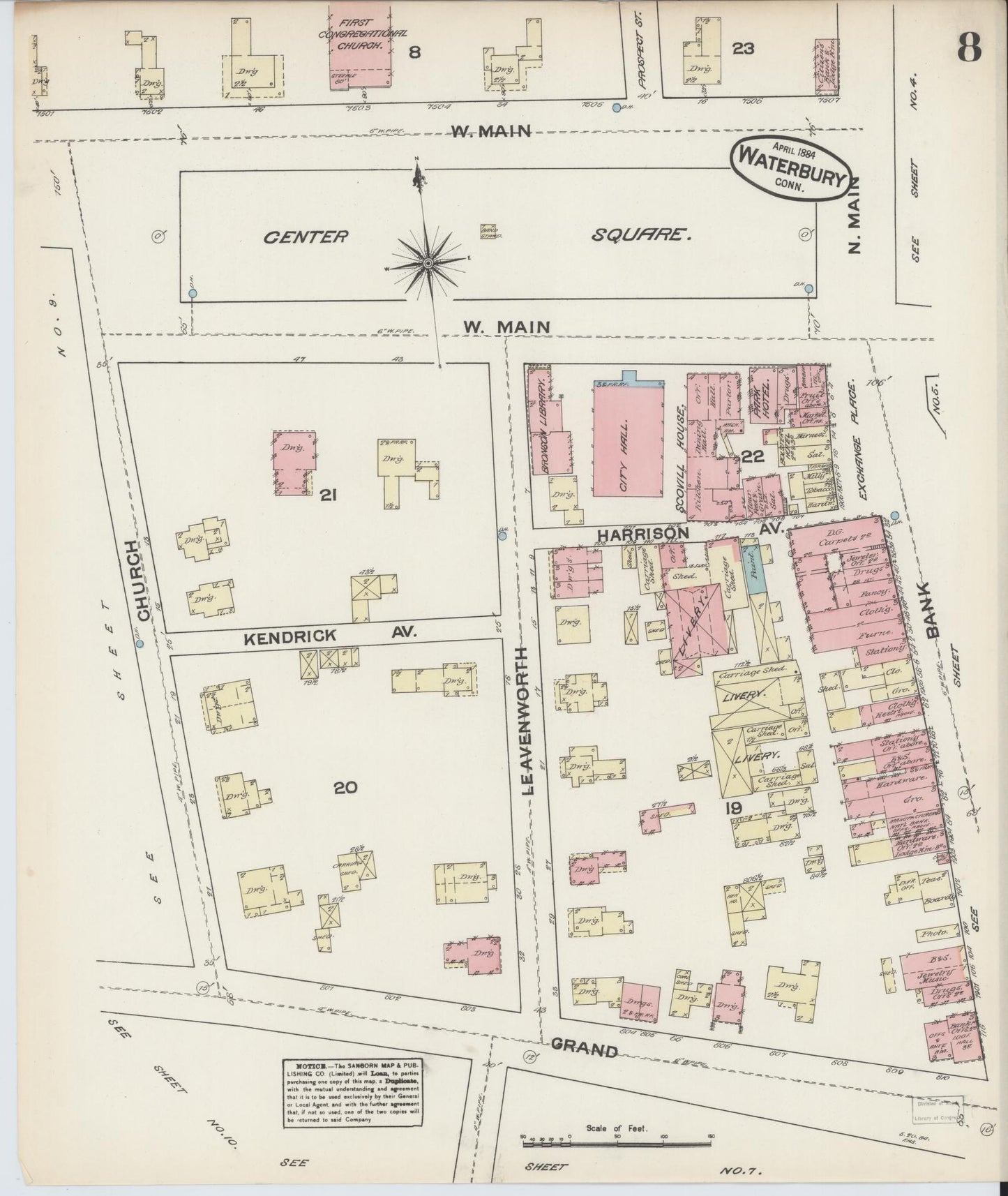 Sanborn Fire Insurance Map from Waterbury, New Haven County, Connecticut (1884), Sheet #0008 - Historic Sanborn Fire Insurance Map Print, vintage old map wall art, antique decor, genealogy gift, Connecticut Connecticut map
