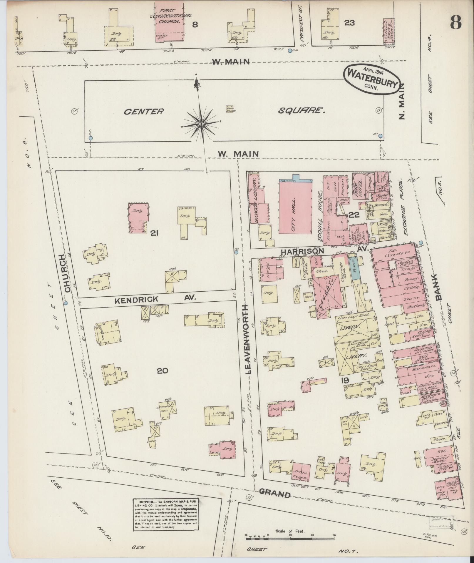 Sanborn Fire Insurance Map from Waterbury, New Haven County, Connecticut (1884), Sheet #0008 - Historic Sanborn Fire Insurance Map Print, vintage old map wall art, antique decor, genealogy gift, Connecticut Connecticut map