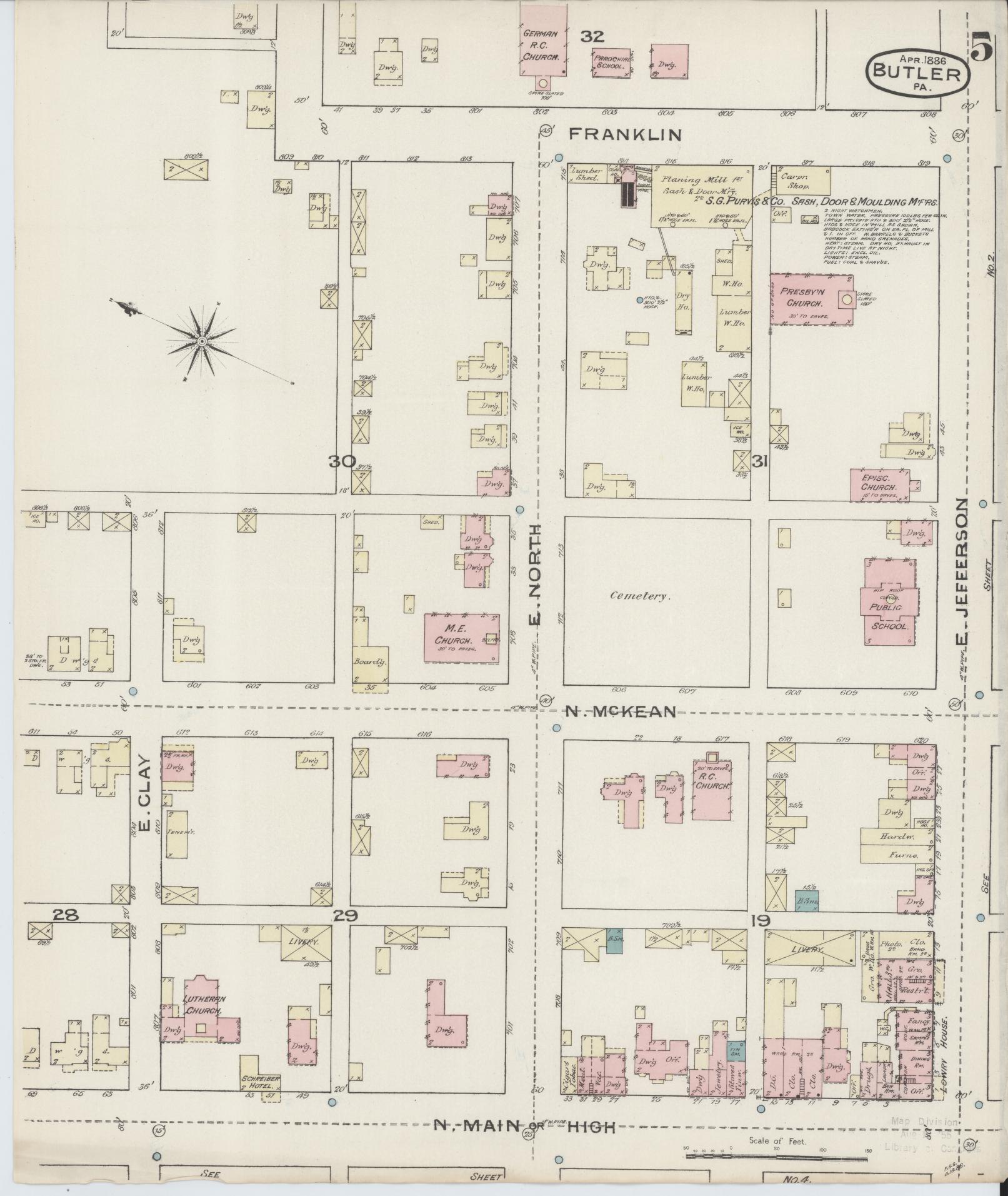 Sanborn Fire Insurance Map from Butler, Butler County, Pennsylvania (1886), Sheet #0005 - Historic Sanborn Fire Insurance Map Print, vintage old map wall art, antique decor, genealogy gift, Pennsylvania Pennsylvania map