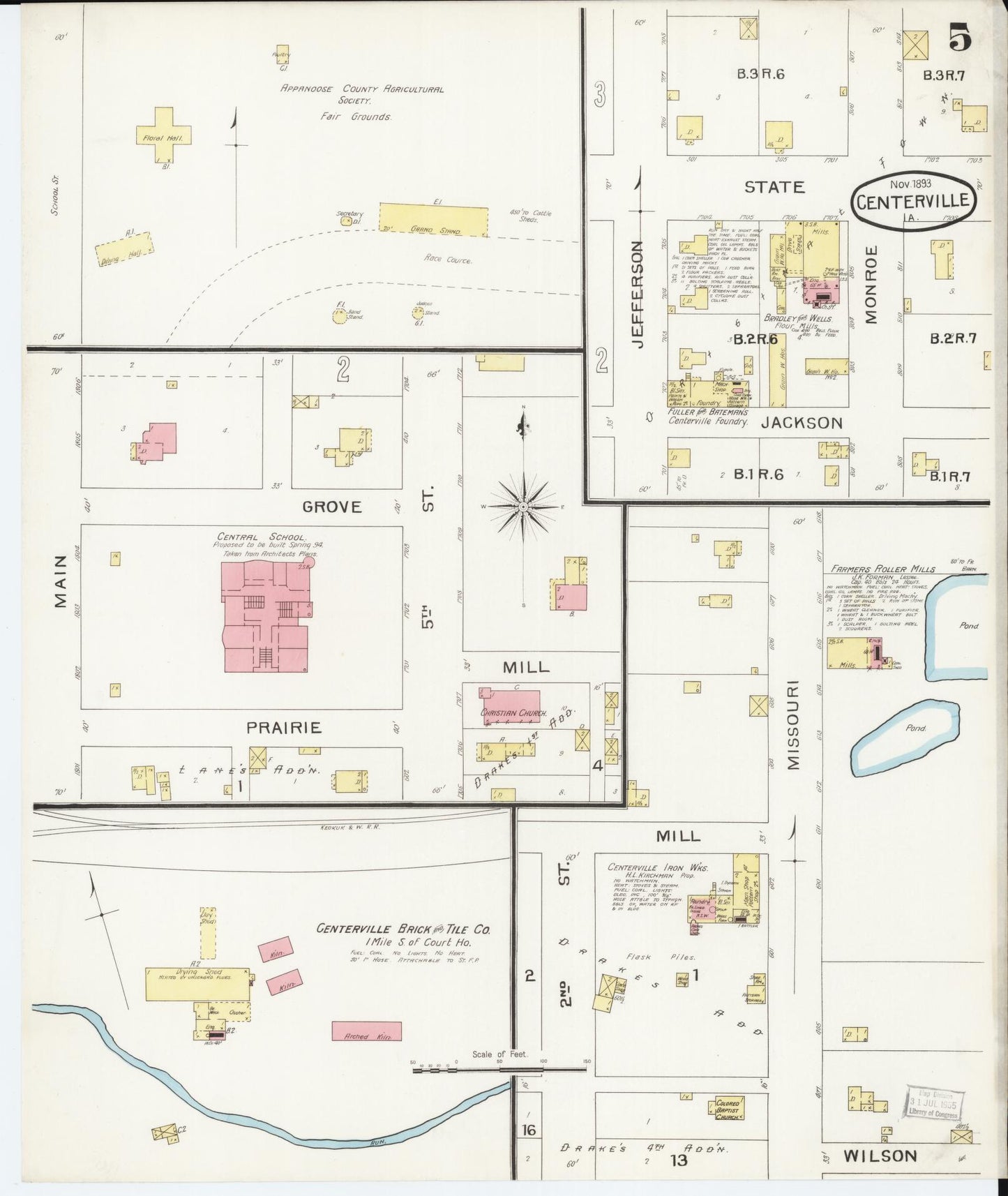 Sanborn Fire Insurance Map from Centerville, Appanoose County, Iowa (1893), Sheet #0005 - Historic Sanborn Fire Insurance Map Print, vintage old map wall art