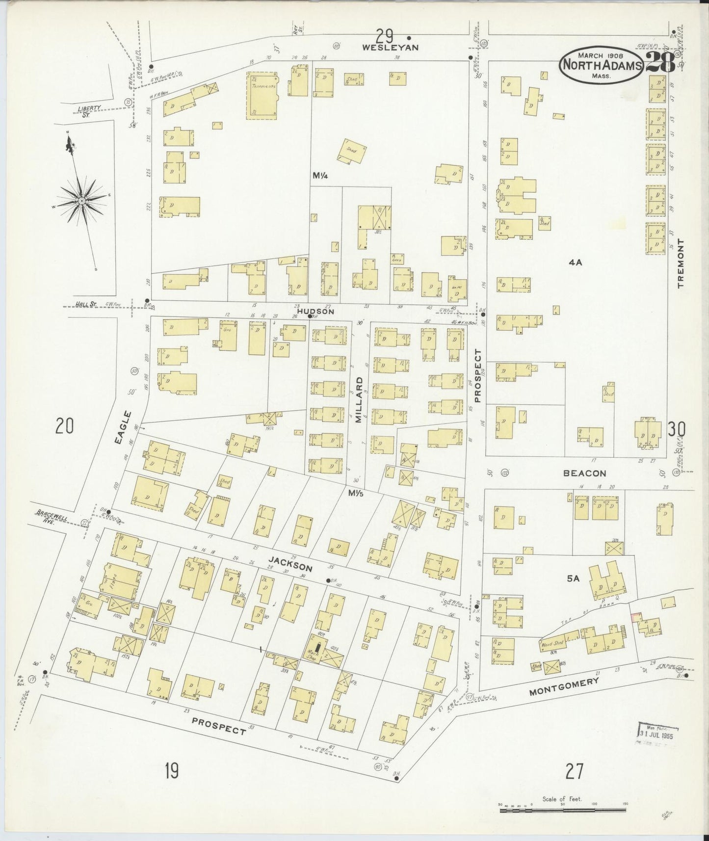 Sanborn Fire Insurance Map from North Adams, Berkshire County, Massachusetts (1908), Sheet #0028 - Historic Sanborn Fire Insurance Map Print, vintage old map wall art, antique decor, genealogy gift, Massachusetts Massachusetts map