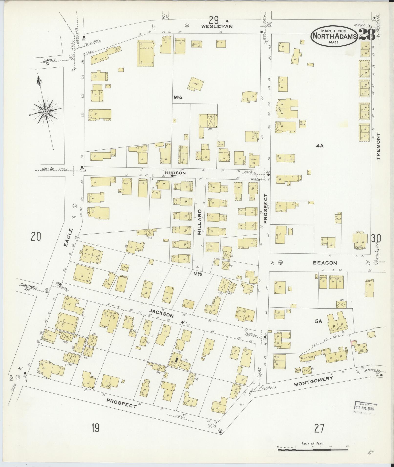 Sanborn Fire Insurance Map from North Adams, Berkshire County, Massachusetts (1908), Sheet #0028 - Historic Sanborn Fire Insurance Map Print, vintage old map wall art, antique decor, genealogy gift, Massachusetts Massachusetts map