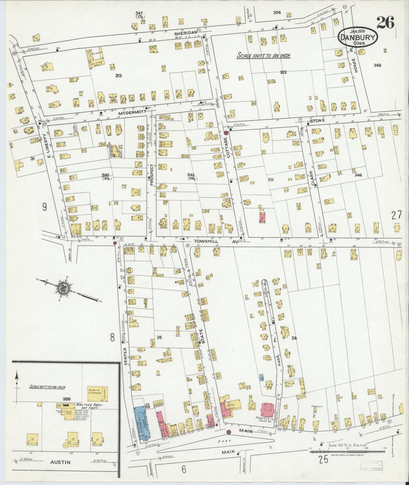 Sanborn Fire Insurance Map from Danbury, Fairfield County, Connecticut (1919), Sheet #0026 - Historic Sanborn Fire Insurance Map Print, vintage old map wall art, antique decor, genealogy gift, Connecticut Connecticut map