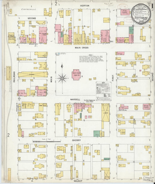 Sanborn Fire Insurance Map from Scottsburg, Scott County, Indiana (1899), Sheet #0001 - Historic Sanborn Fire Insurance Map Print, vintage old map wall art, antique decor, genealogy gift, Indiana Indiana map