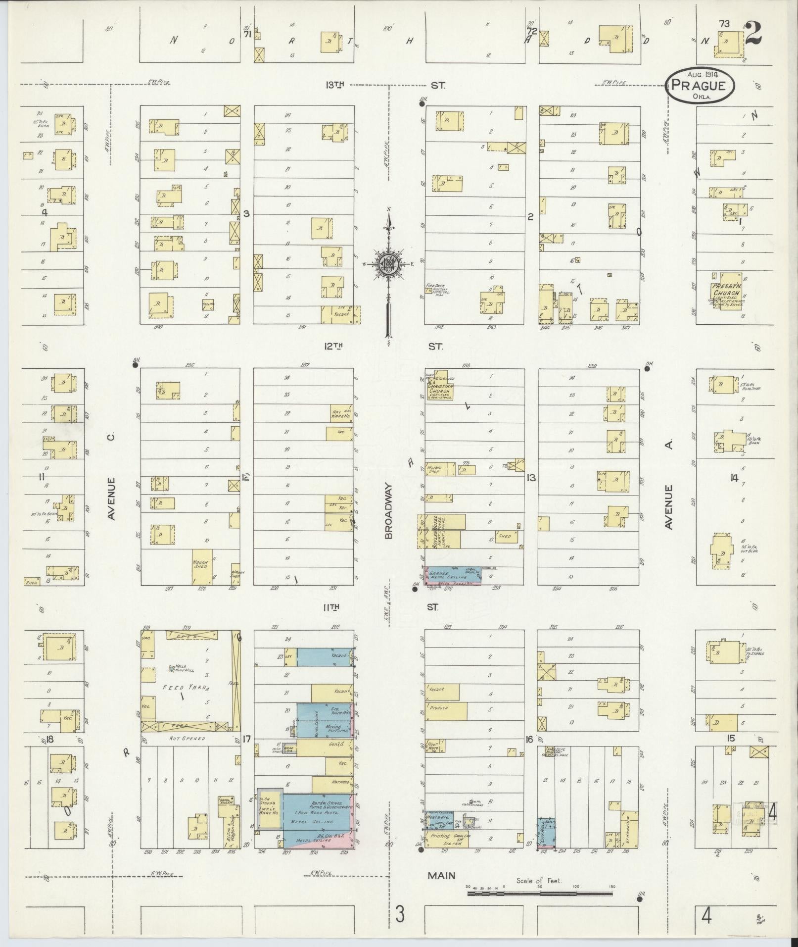 Sanborn Fire Insurance Map from Prague, Lincoln County, Oklahoma (1914), Sheet #0002 - Complete Map Set gallery image, historic Sanborn map, vintage wall art, Oklahoma Oklahoma