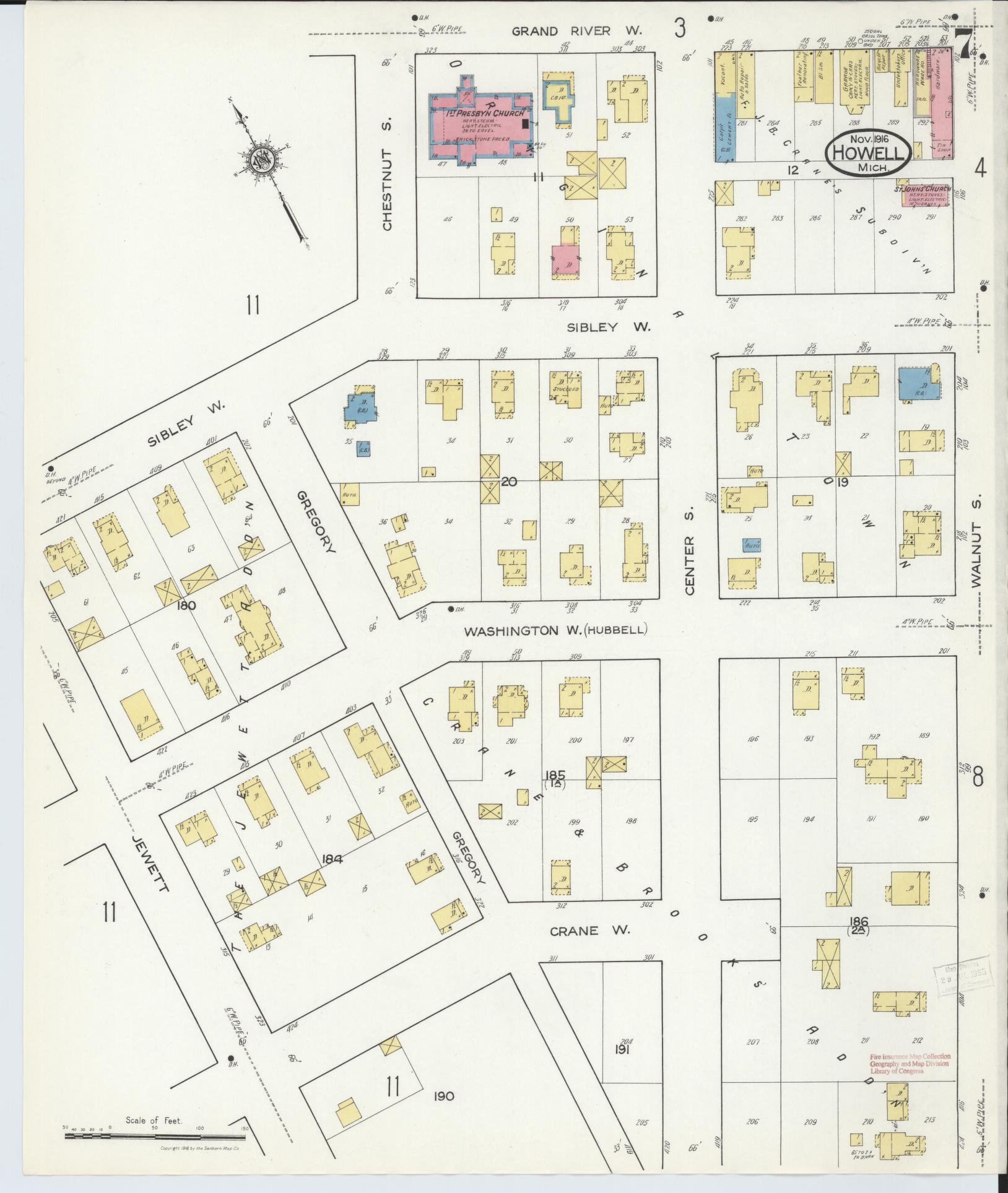 Sanborn Fire Insurance Map from Howell, Livingston County, Michigan (1916), Sheet #0007 - Complete Map Set gallery image, historic Sanborn map, vintage wall art, Michigan Michigan