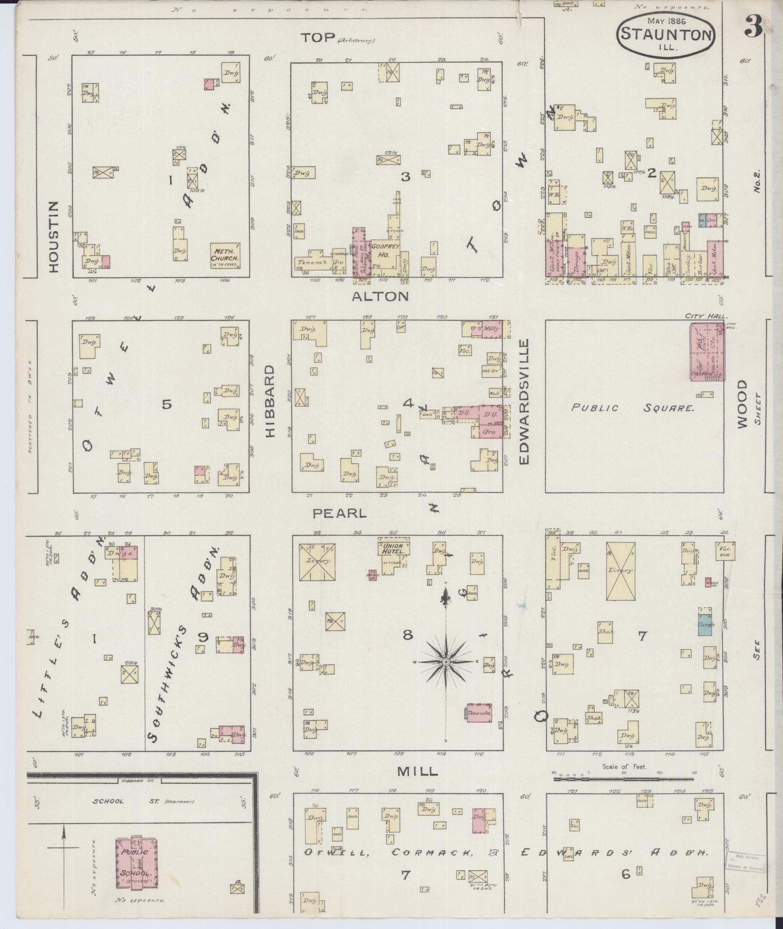 Sanborn Fire Insurance Map from Staunton, Macoupin County, Illinois (1886), Sheet #0003 - Complete Map Set gallery image, historic Sanborn map, vintage wall art, Illinois Illinois