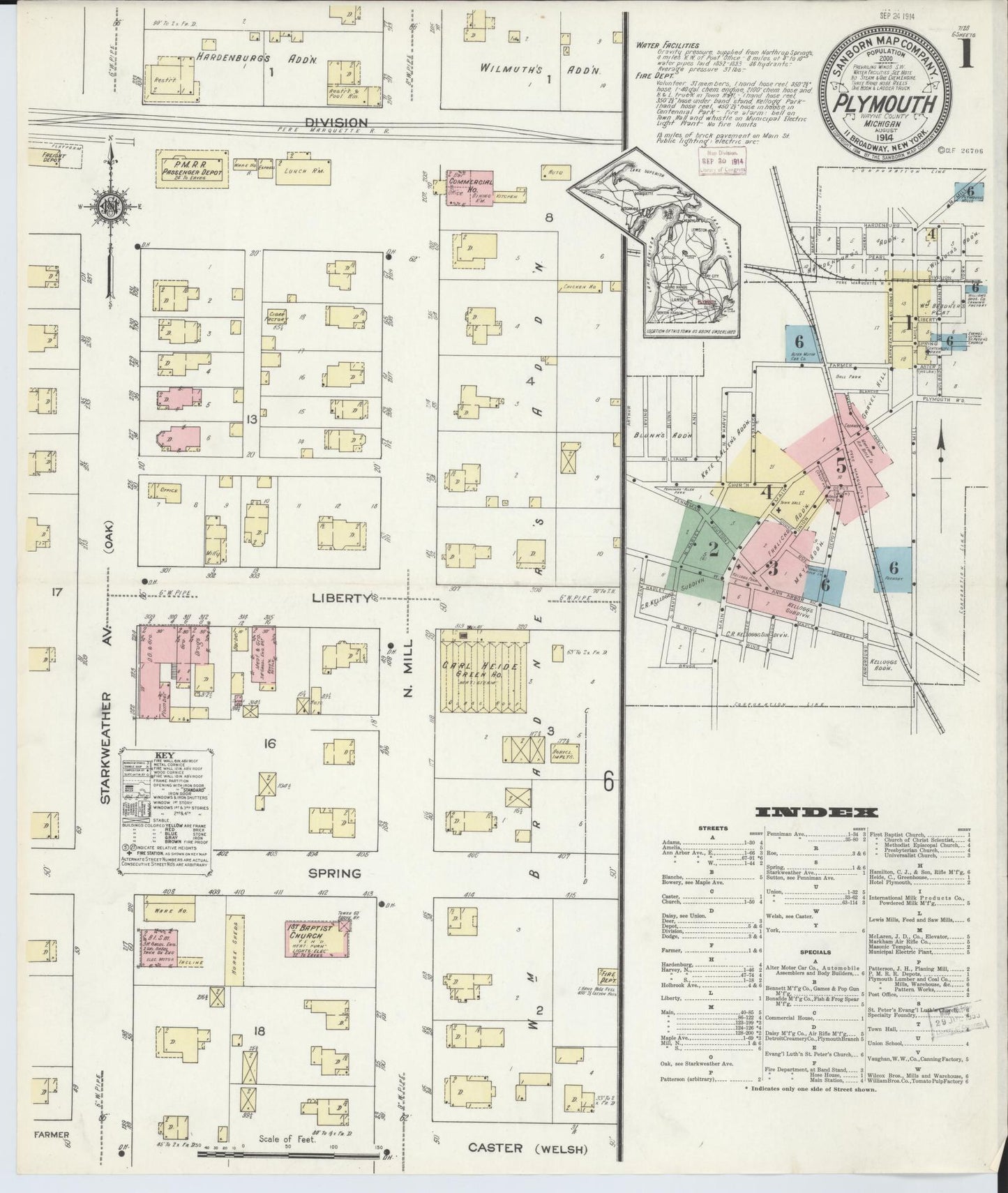 Sanborn Fire Insurance Map from Plymouth, Wayne County, Michigan (1914), Sheet #0001 - Complete Map Set gallery image, historic Sanborn map, vintage wall art, Michigan Michigan