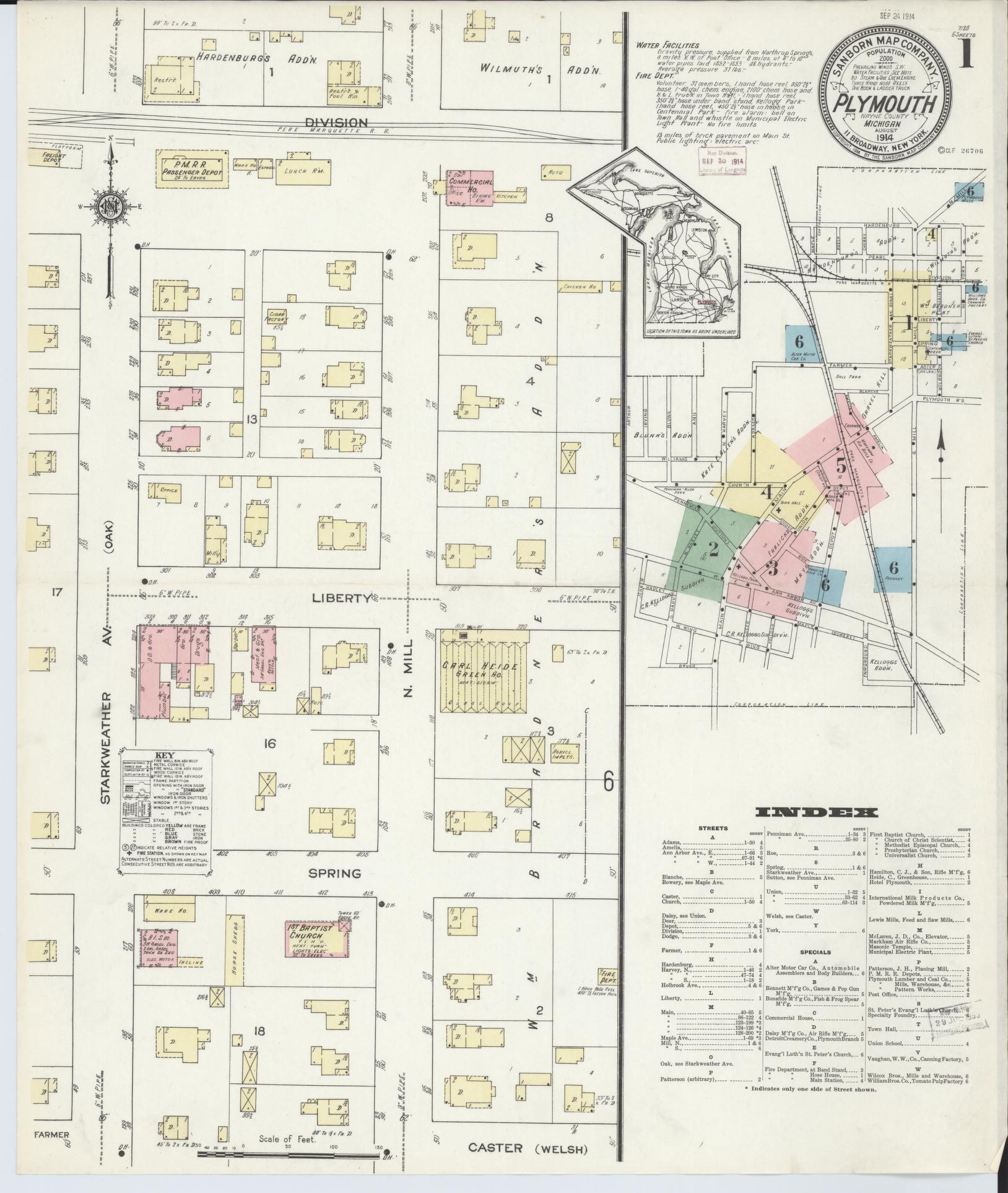 Sanborn Fire Insurance Map from Plymouth, Wayne County, Michigan (1914), Sheet #0001 - Complete Map Set gallery image, historic Sanborn map, vintage wall art, Michigan Michigan