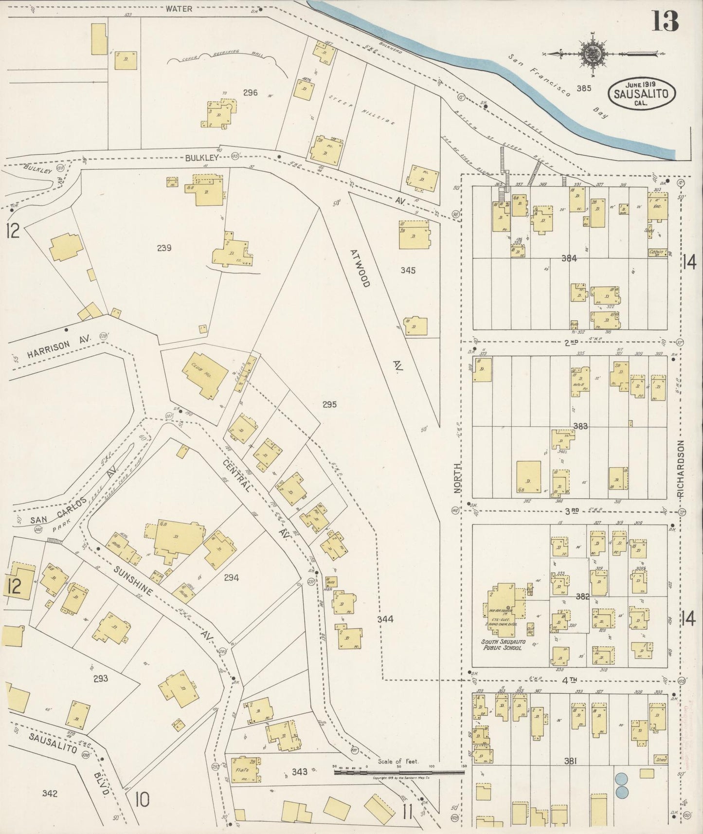 Sanborn Fire Insurance Map from Sausalito, Marin County, California (1919), Sheet #0013 - Complete Map Set gallery image, historic Sanborn map, vintage wall art, California California