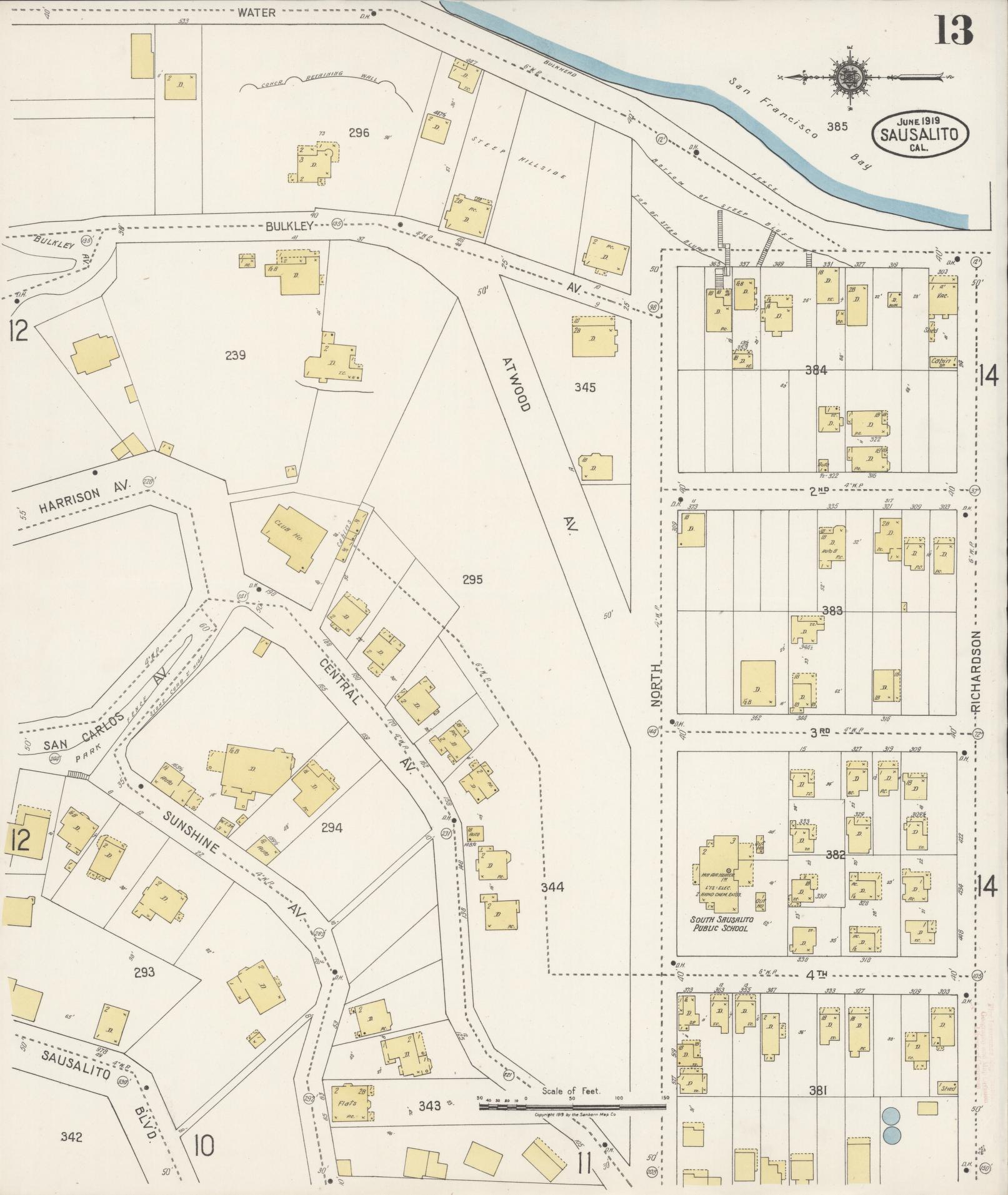 Sanborn Fire Insurance Map from Sausalito, Marin County, California (1919), Sheet #0013 - Complete Map Set gallery image, historic Sanborn map, vintage wall art, California California