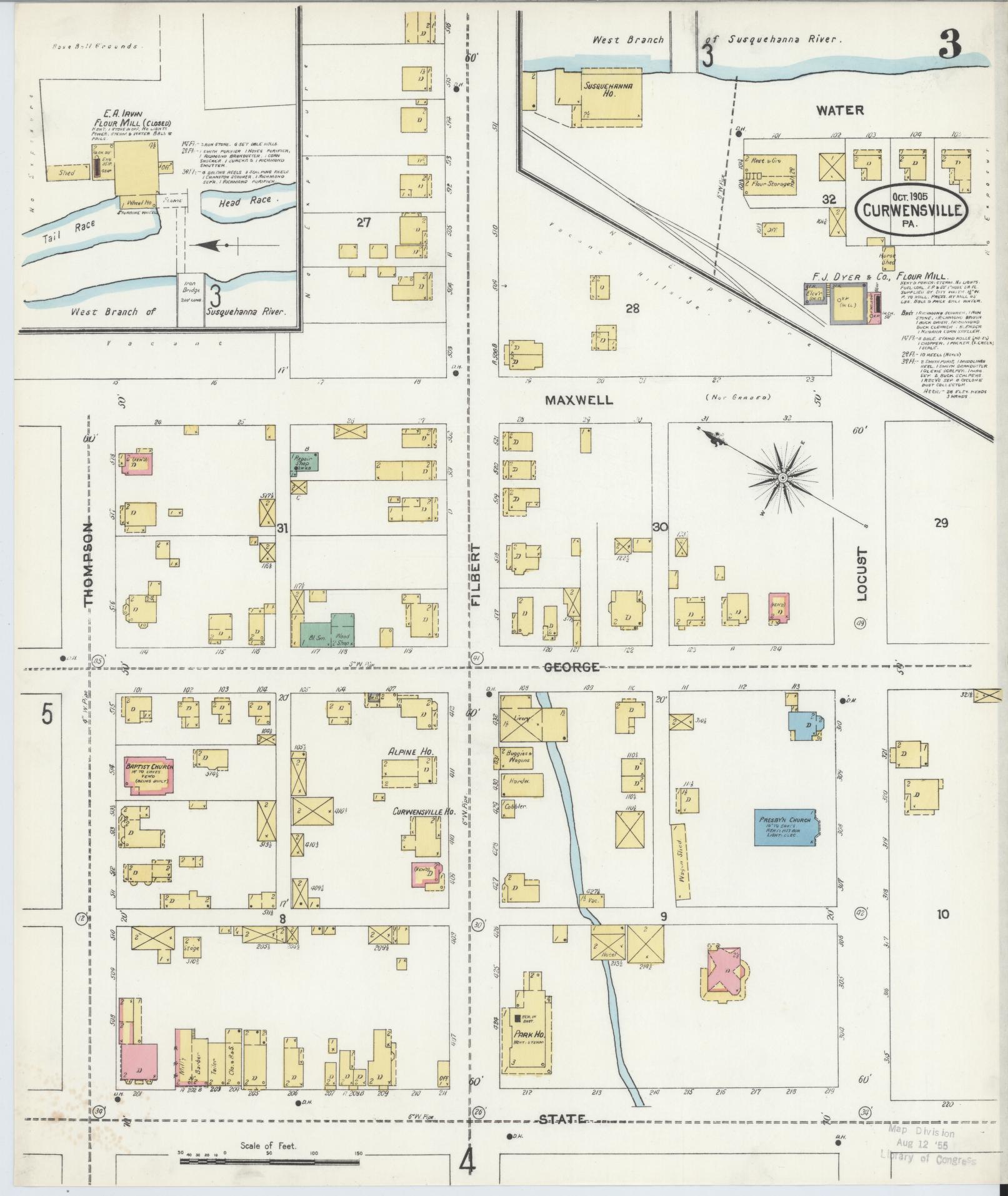 Sanborn Fire Insurance Map from Curwensville, Clearfield County, Pennsylvania (1905), Sheet #0003 - Historic Sanborn Fire Insurance Map Print, vintage old map wall art, antique decor, genealogy gift, Pennsylvania Pennsylvania map