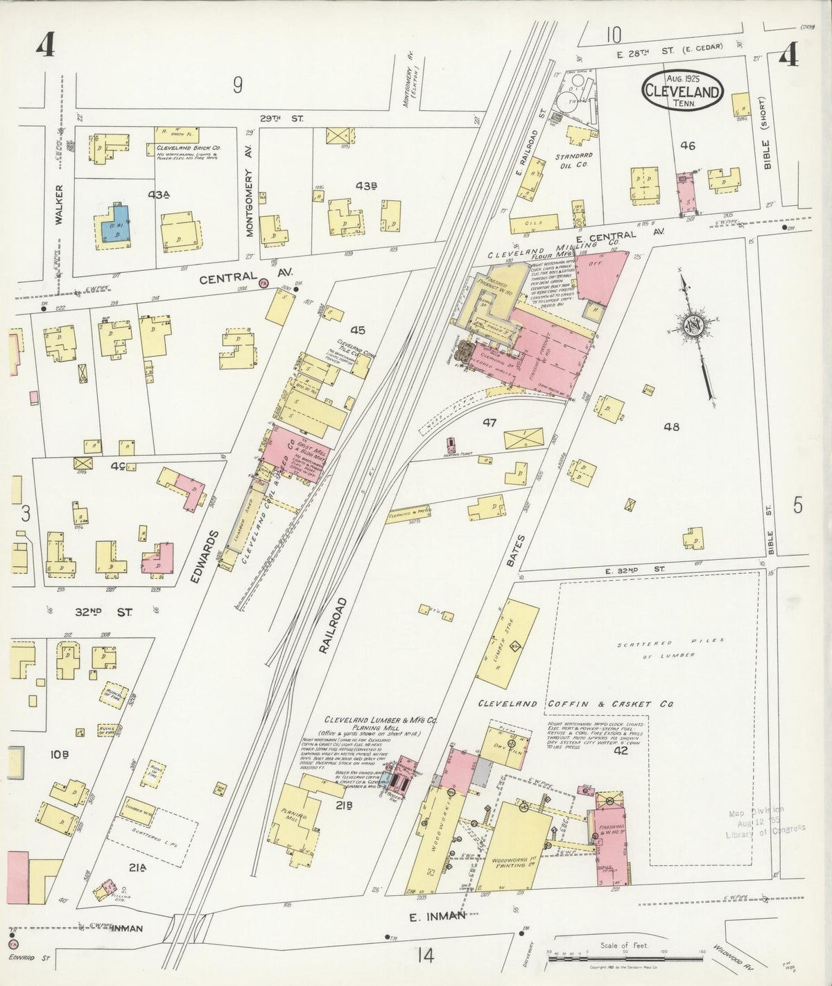 Sanborn Fire Insurance Map from Cleveland, Bradley County, Tennessee (1925), Sheet #0004 - Complete Map Set gallery image, historic Sanborn map, vintage wall art, Tennessee Tennessee