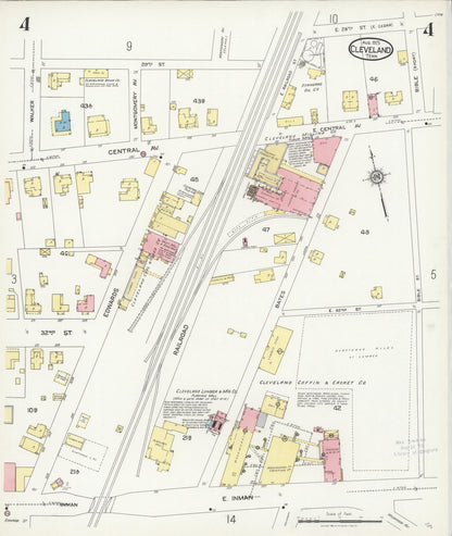 Sanborn Fire Insurance Map from Cleveland, Bradley County, Tennessee (1925), Sheet #0004 - Complete Map Set gallery image, historic Sanborn map, vintage wall art, Tennessee Tennessee