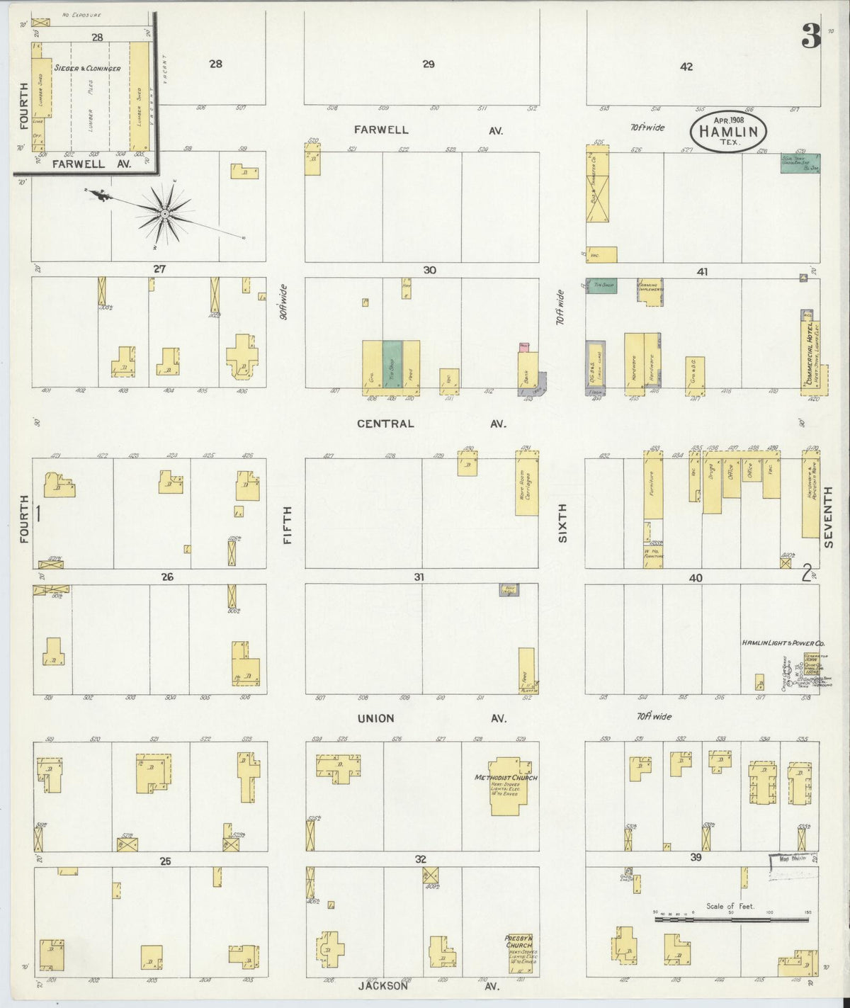 Sanborn Fire Insurance Map from Hamlin, Jones County, Texas (1908), Sheet #0003 - Complete Map Set gallery image, historic Sanborn map, vintage wall art, Texas Texas
