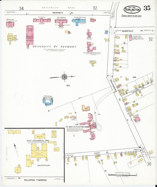 Sanborn Fire Insurance Map from Burlington, Chittenden County, Vermont (1919), Sheet #0035 - Historic Sanborn Fire Insurance Map Print, vintage old map wall art, antique decor, genealogy gift, Vermont Vermont map