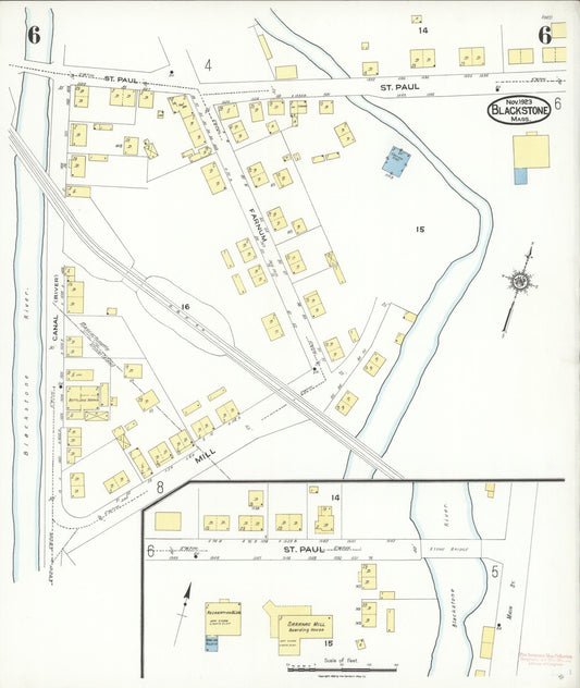 Sanborn Fire Insurance Map from Blackstone, Worcester County, Massachusetts (1923), Sheet #0006 - Historic Sanborn Fire Insurance Map Print, vintage old map wall art, antique decor, genealogy gift, Massachusetts Massachusetts map