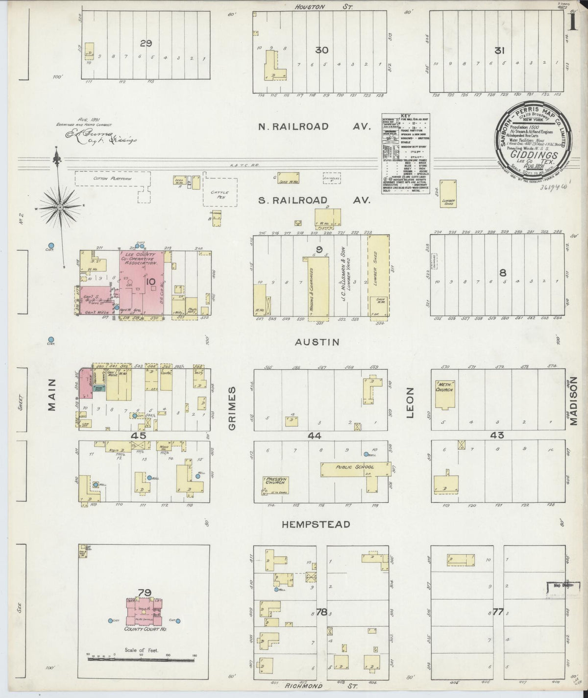 Sanborn Fire Insurance Map from Giddings, Lee County, Texas (1891), Sheet #0001 - Historic Sanborn Fire Insurance Map Print, vintage old map wall art, antique decor, genealogy gift, Texas Texas map