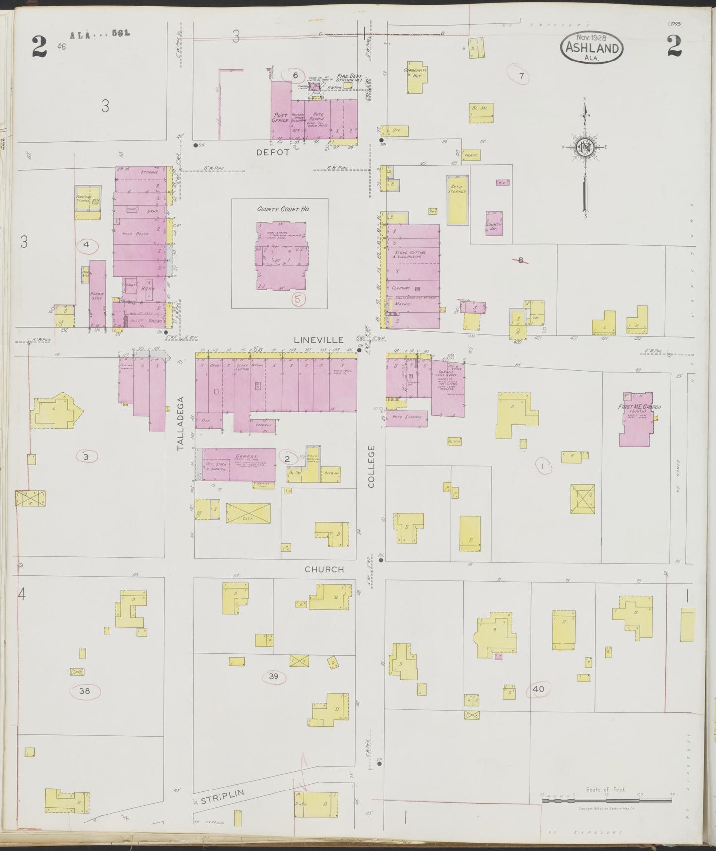 Sanborn Fire Insurance Map from Ashland, Clay County, Alabama (1928), Sheet #0002 - Complete Map Set gallery image, historic Sanborn map, vintage wall art, Alabama Alabama