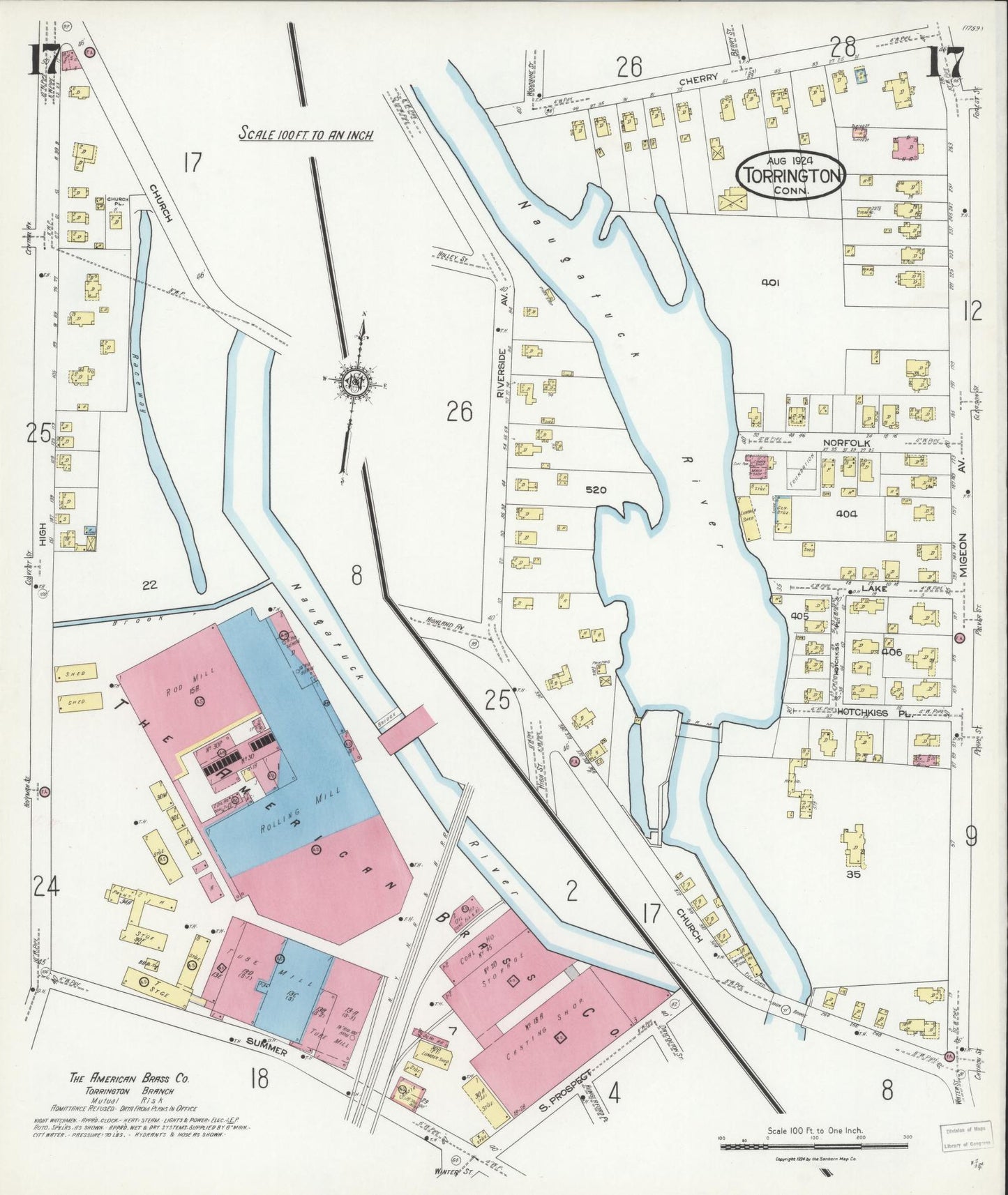 Sanborn Fire Insurance Map from Torrington, Litchfield County, Connecticut (1924), Sheet #0017 - Historic Sanborn Fire Insurance Map Print, vintage old map wall art, antique decor, genealogy gift, Connecticut Connecticut map