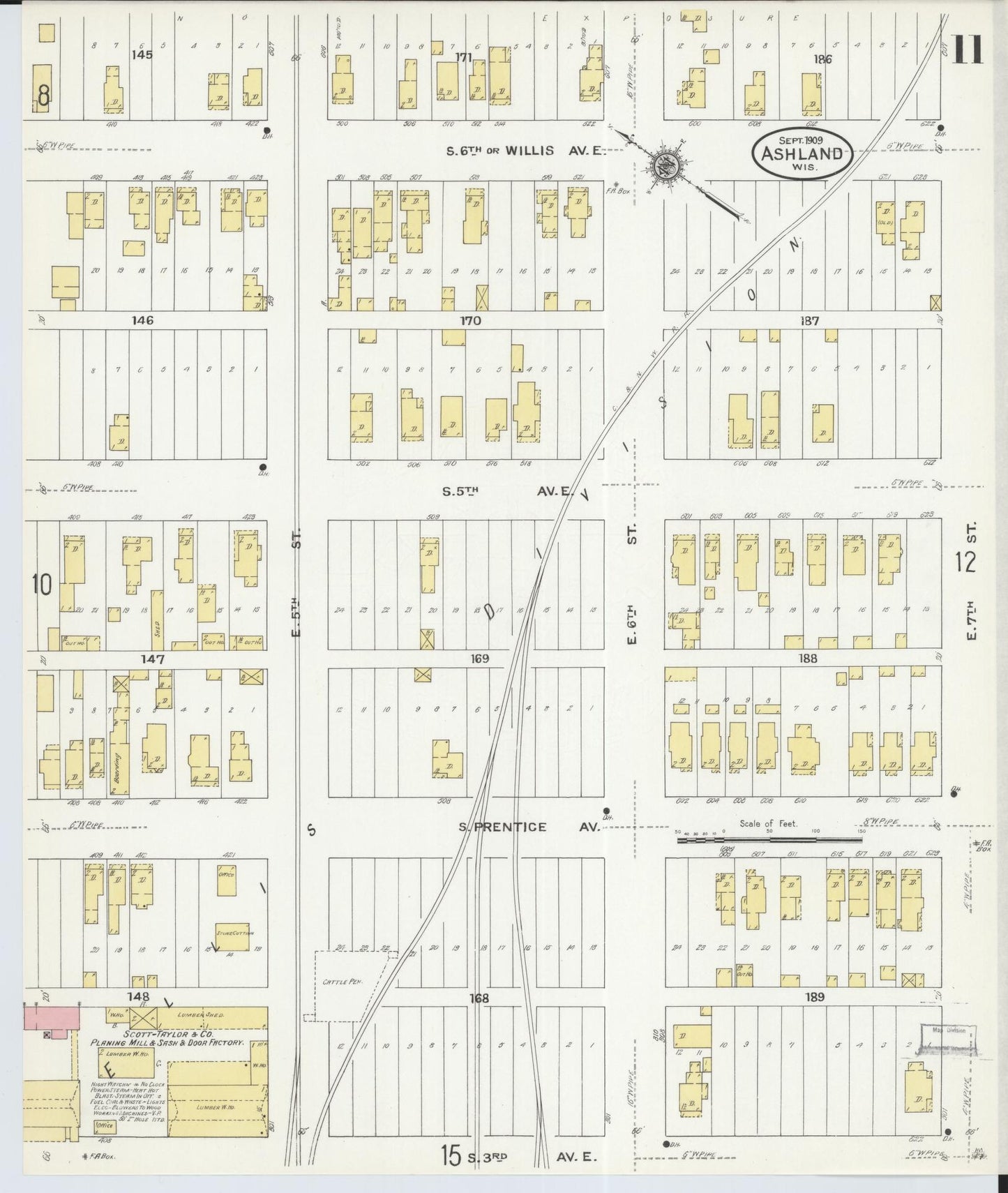 Sanborn Fire Insurance Map from Ashland, Ashland County, Wisconsin (1909), Sheet #0011 - Historic Sanborn Fire Insurance Map Print, vintage old map wall art, antique decor, genealogy gift, Wisconsin Wisconsin map