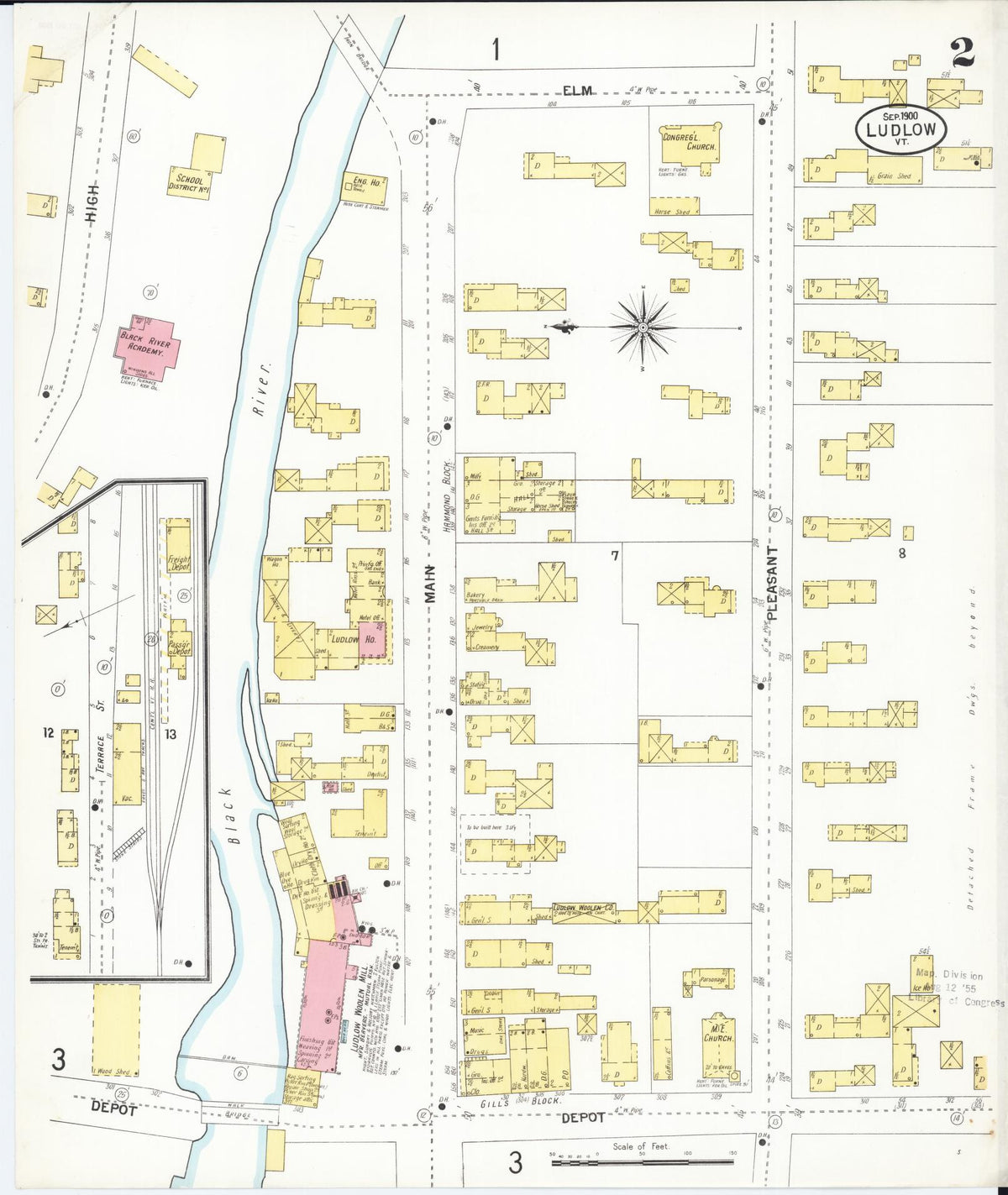 Sanborn Fire Insurance Map from Ludlow, Windsor County, Vermont (1900), Sheet #0002 - Historic Sanborn Fire Insurance Map Print, vintage old map wall art, antique decor, genealogy gift, Vermont Vermont map