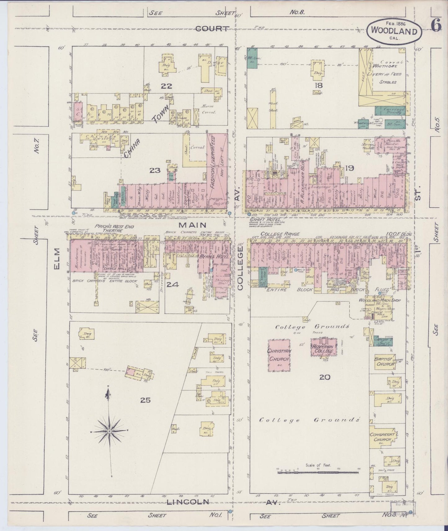 Sanborn Fire Insurance Map from Woodland, Yolo County, California (1886), Sheet #0006 - Complete Map Set gallery image, historic Sanborn map, vintage wall art, California California