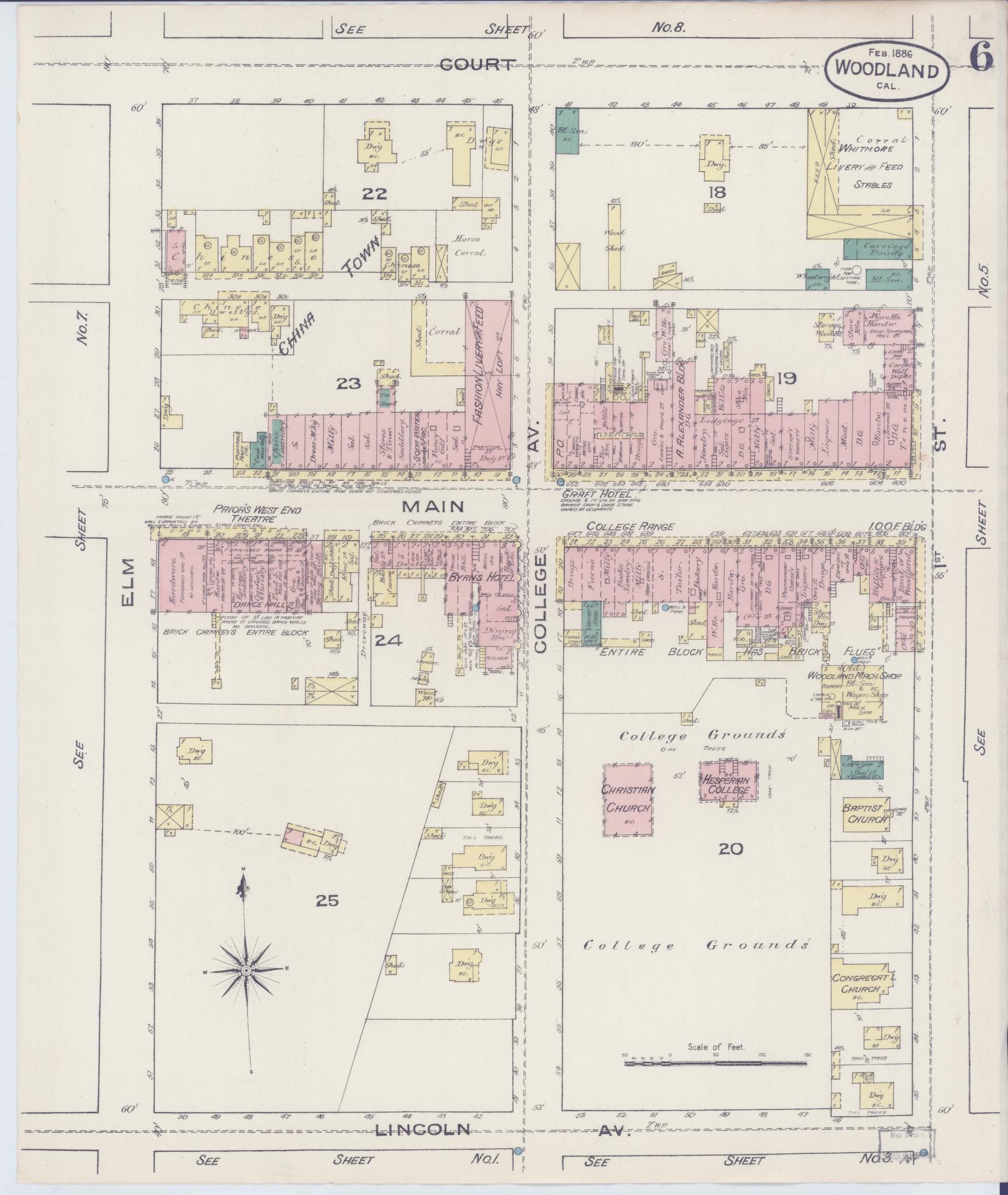 Sanborn Fire Insurance Map from Woodland, Yolo County, California (1886), Sheet #0006 - Complete Map Set gallery image, historic Sanborn map, vintage wall art, California California