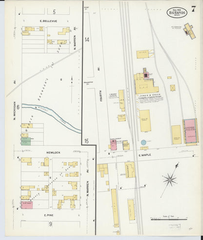 Sanborn Fire Insurance Map from Big Rapids, Mecosta County, Michigan (1908), Sheet #0007 - Historic Sanborn Fire Insurance Map Print, vintage old map wall art, antique decor, genealogy gift, Michigan Michigan map