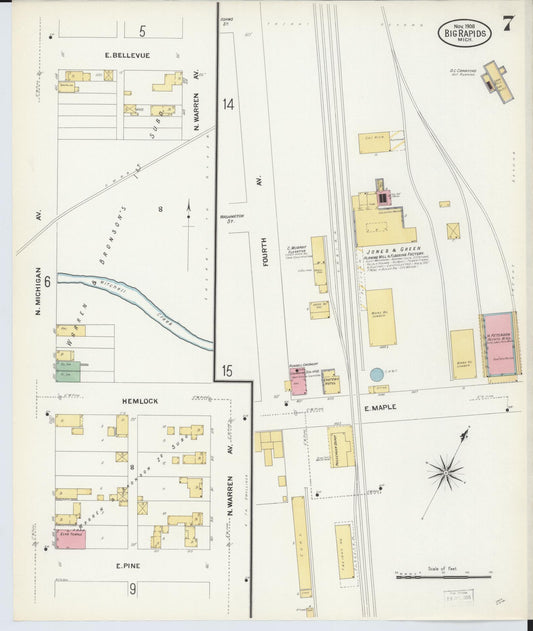 Sanborn Fire Insurance Map from Big Rapids, Mecosta County, Michigan (1908), Sheet #0007 - Historic Sanborn Fire Insurance Map Print, vintage old map wall art, antique decor, genealogy gift, Michigan Michigan map