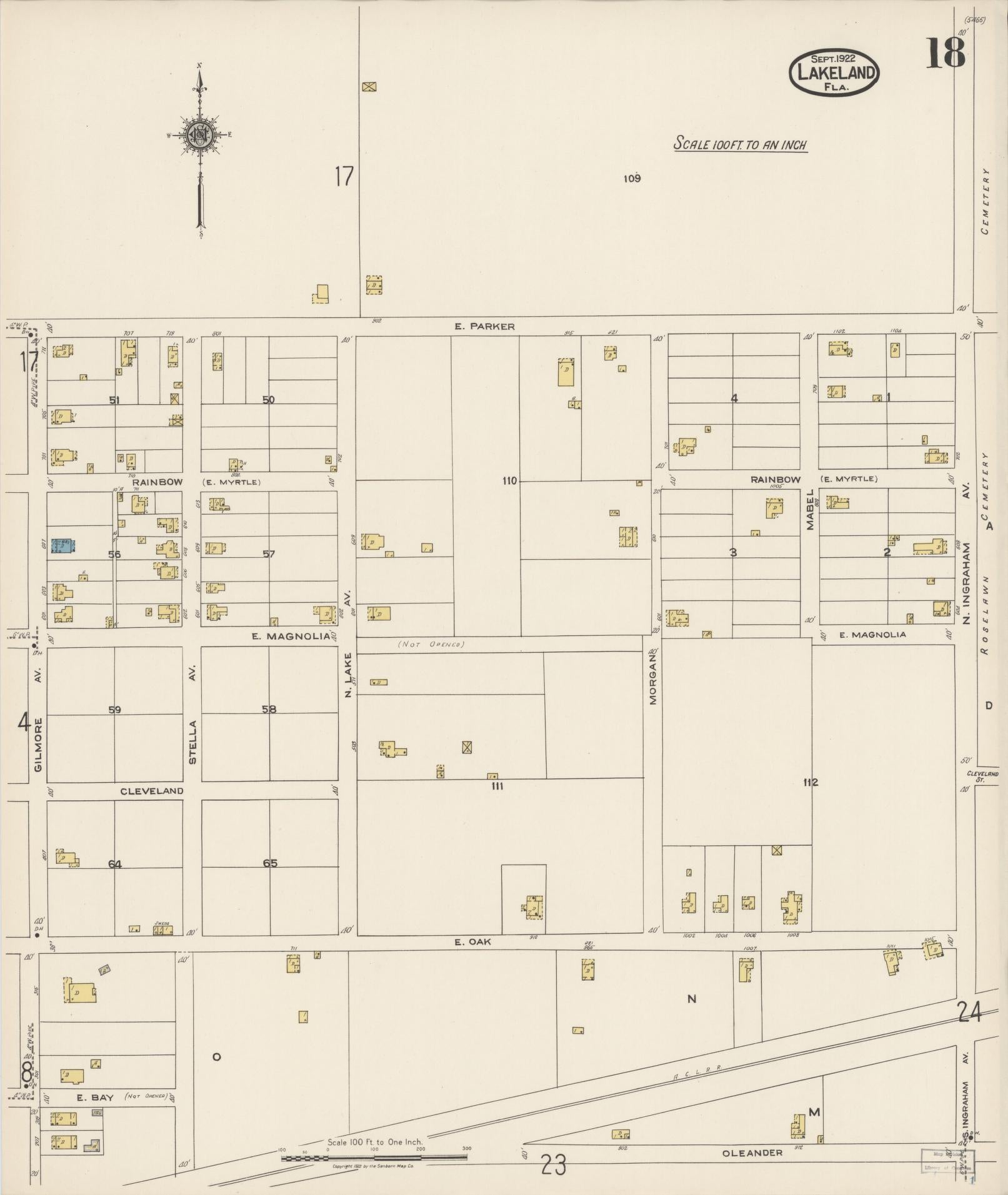Sanborn Fire Insurance Map from Lakeland, Polk County, Florida (1922), Sheet #0018 - Historic Sanborn Fire Insurance Map Print, vintage old map wall art, antique decor, genealogy gift, Florida Florida map