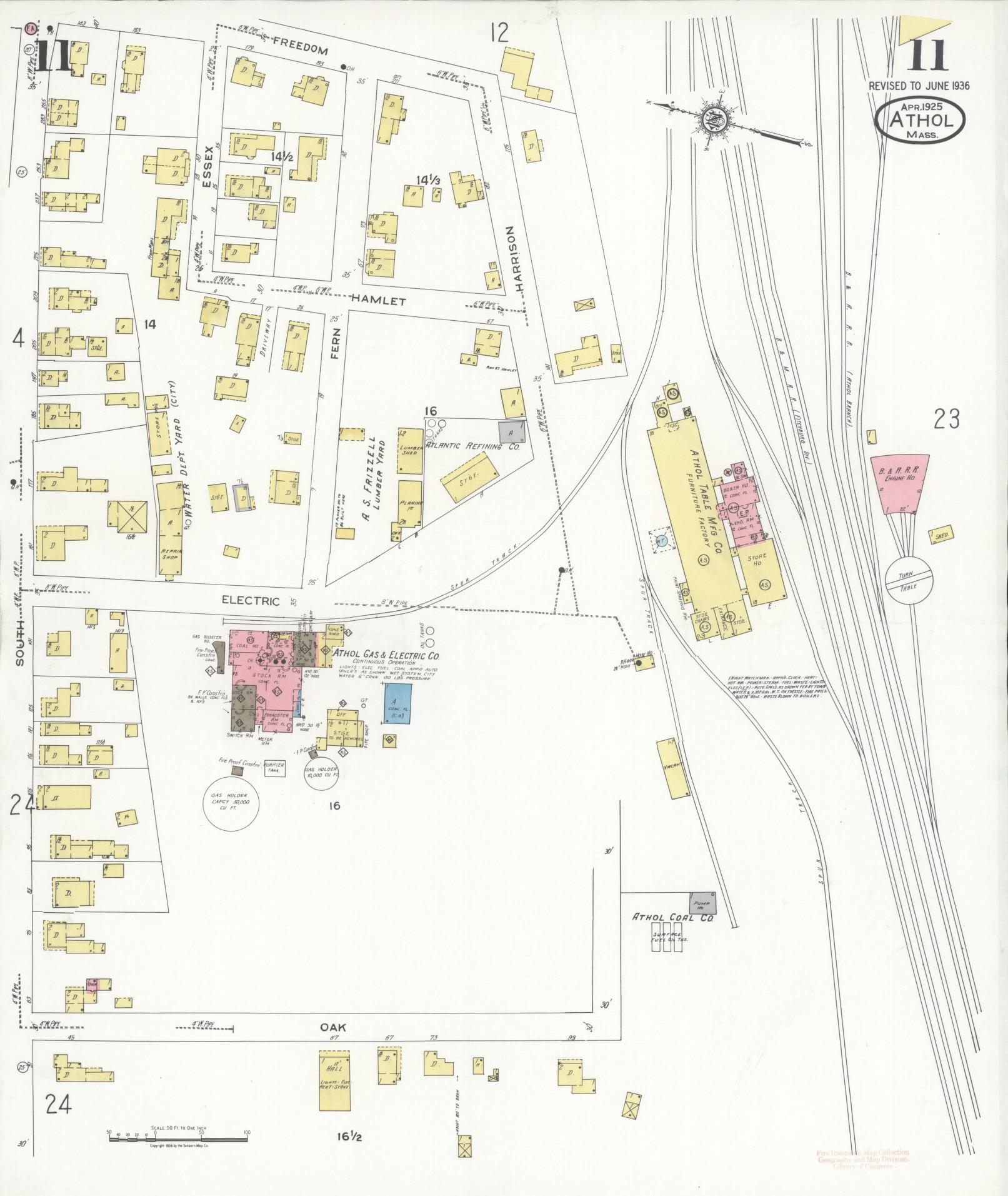 Sanborn Fire Insurance Map from Athol, Worcester County, Massachusetts (1936), Sheet #0011 - Complete Map Set gallery image, historic Sanborn map, vintage wall art, Massachusetts Massachusetts