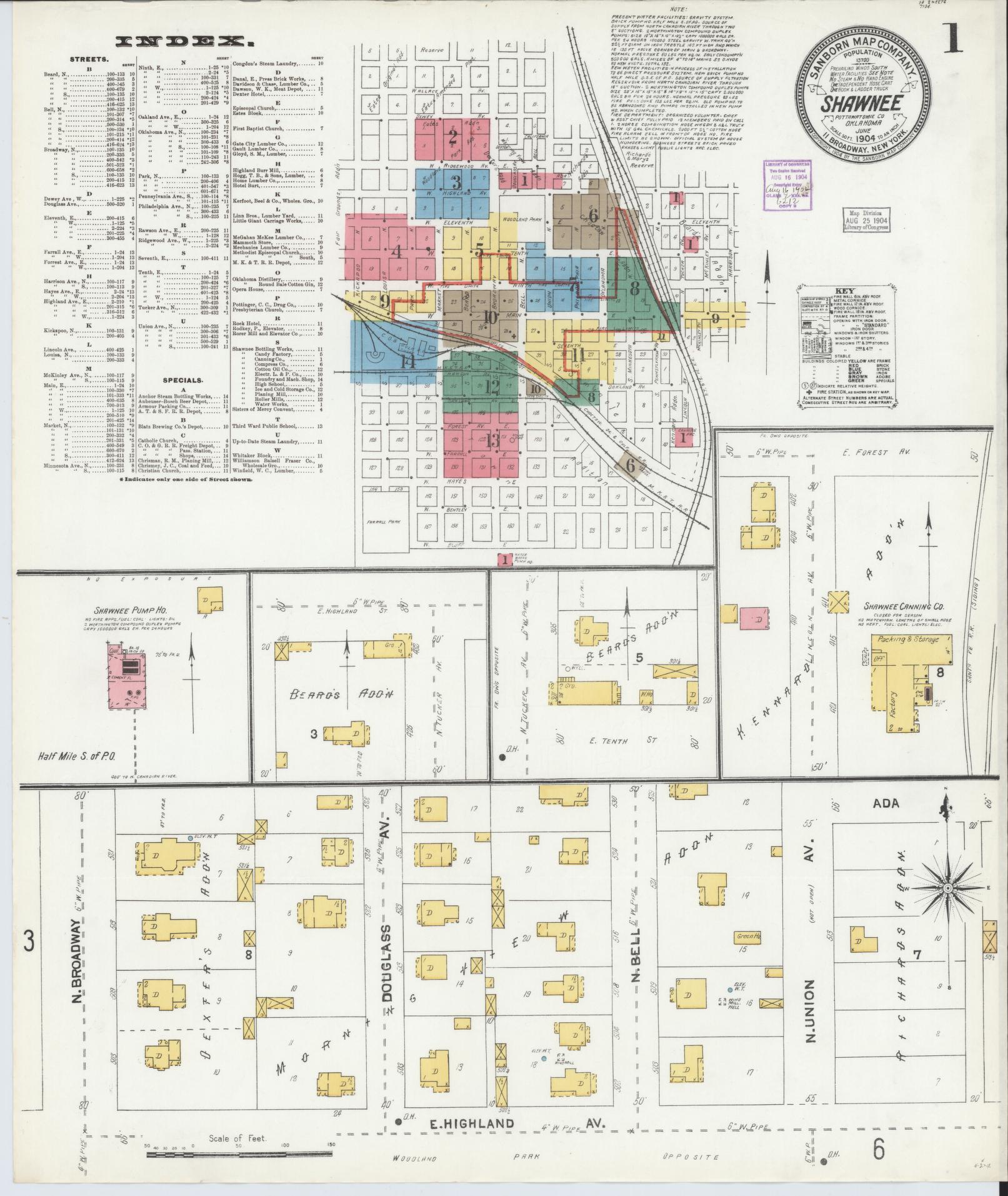 Sanborn Fire Insurance Map from Shawnee, Pottawatomie County, Oklahoma (1904), Sheet #0001 - Complete Map Set gallery image, historic Sanborn map, vintage wall art, Oklahoma Oklahoma