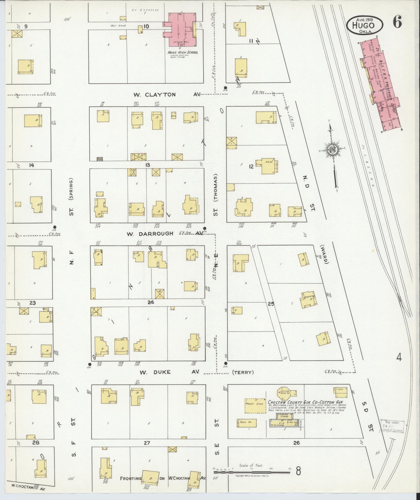 Sanborn Fire Insurance Map from Hugo, Choctaw County, Oklahoma (1918), Sheet #0006 - Complete Map Set gallery image, historic Sanborn map, vintage wall art, Oklahoma Oklahoma