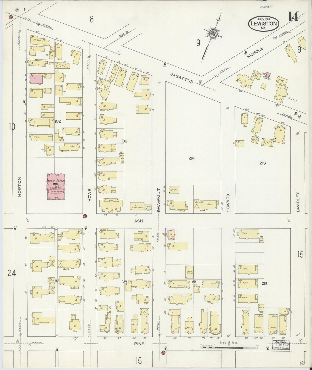 Sanborn Fire Insurance Map from Lewiston, Androscoggin County, Maine (1914), Sheet #0014 - Historic Sanborn Fire Insurance Map Print, vintage old map wall art, antique decor, genealogy gift, Maine Maine map