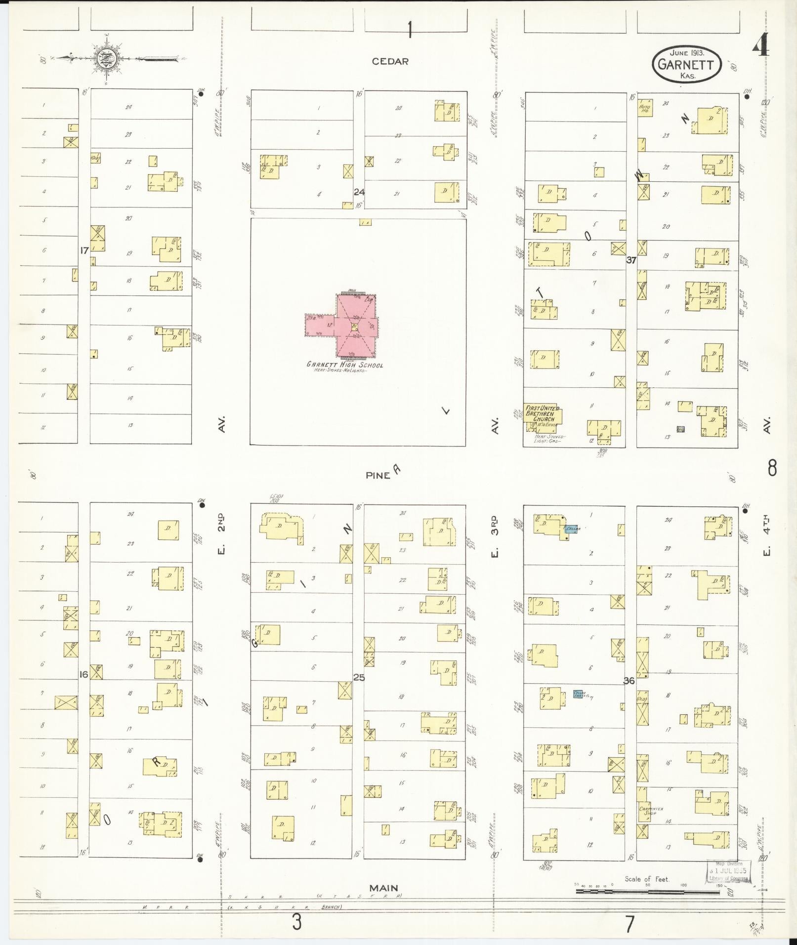 Sanborn Fire Insurance Map from Garnett, Anderson County, Kansas (1913), Sheet #0004 - Historic Sanborn Fire Insurance Map Print, vintage old map wall art, antique decor, genealogy gift, Kansas Kansas map