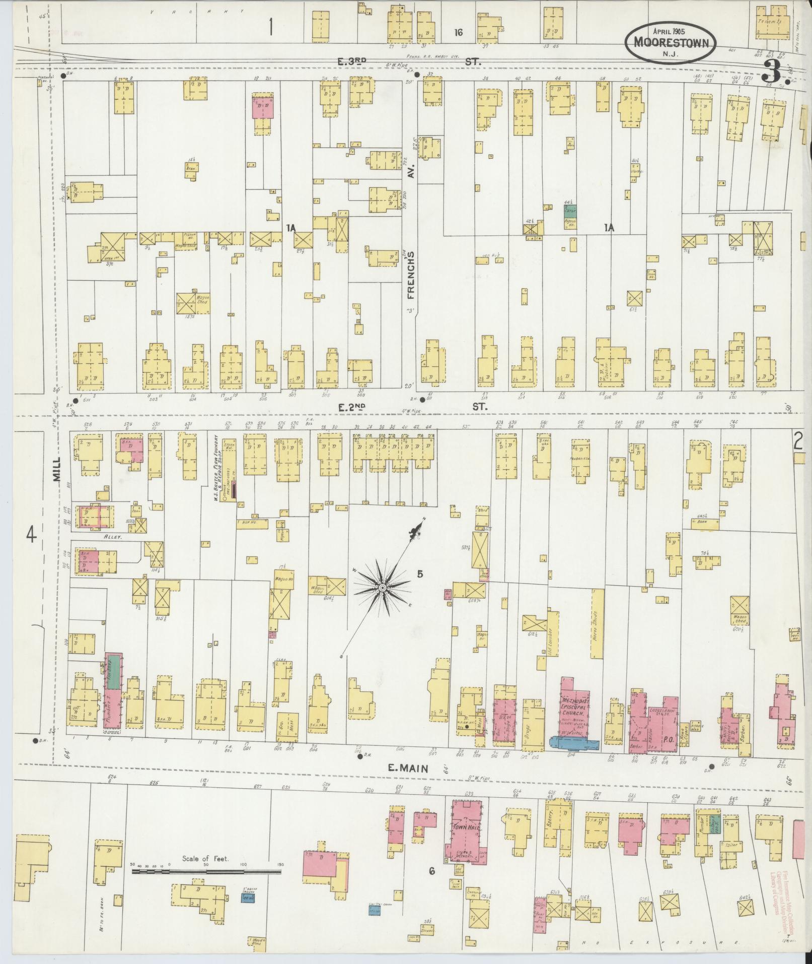 Sanborn Fire Insurance Map from Moorestown, Burlington County, New Jersey (1905), Sheet #0003 - Complete Map Set gallery image, historic Sanborn map, vintage wall art, New Jersey New Jersey
