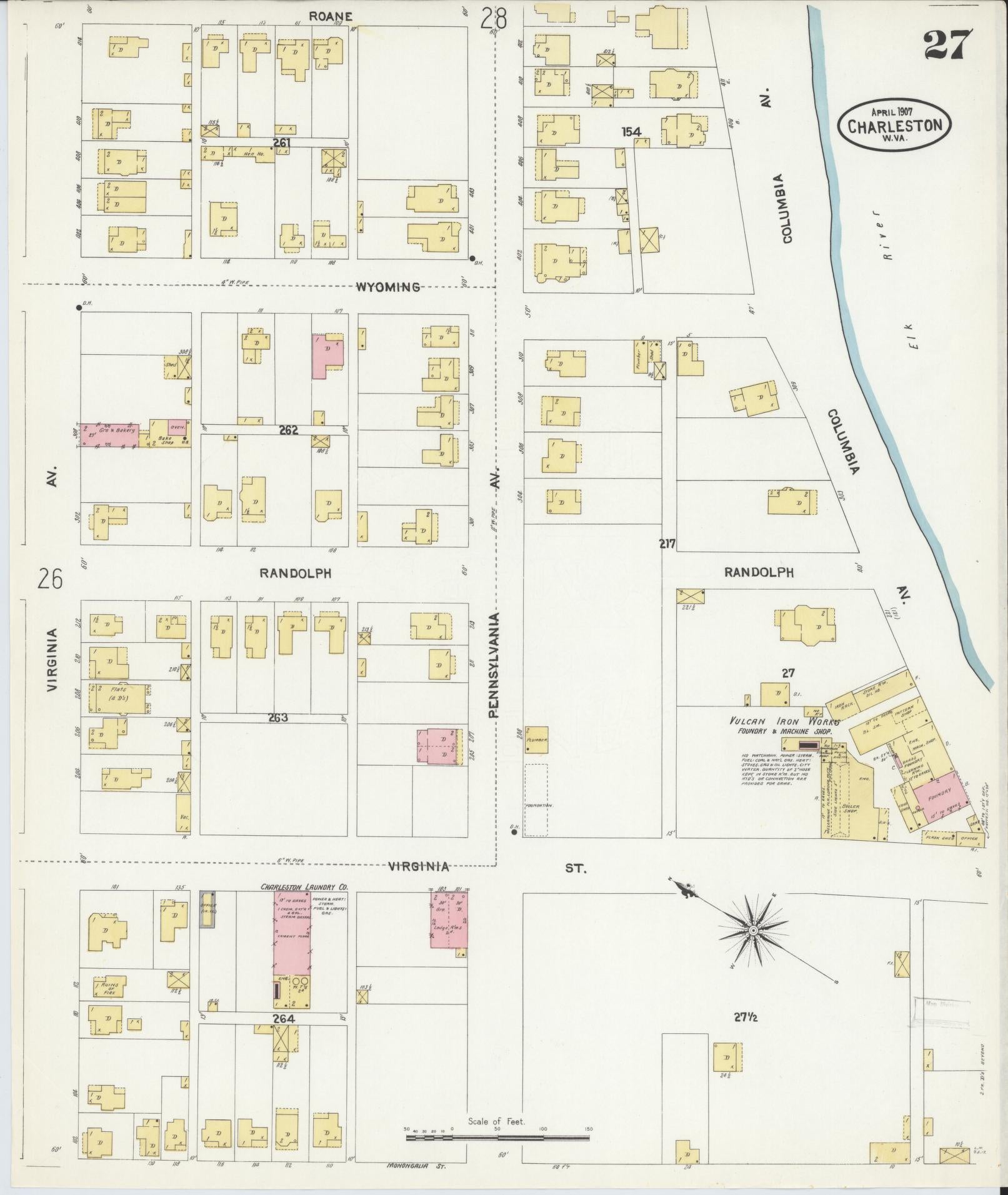 Sanborn Fire Insurance Map from Charleston, Kanawha County, West Virginia (1907), Sheet #0027 - Complete Map Set gallery image, historic Sanborn map, vintage wall art, West Virginia West Virginia