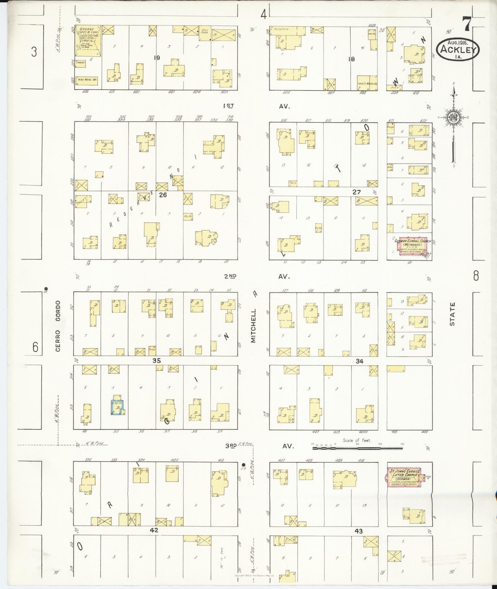 Sanborn Fire Insurance Map from Ackley, Hardin and Franklin Counties, Iowa (1916), Sheet #0007 - Historic Sanborn Fire Insurance Map Print