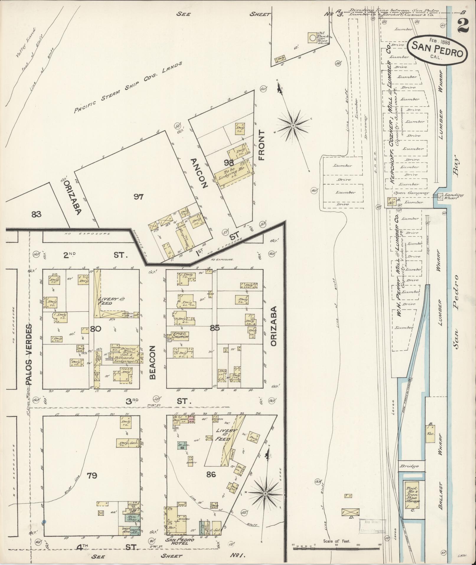 Sanborn Fire Insurance Map from San Pedro, Los Angeles County, California (1888), Sheet #0002 - Complete Map Set gallery image, historic Sanborn map, vintage wall art, California California