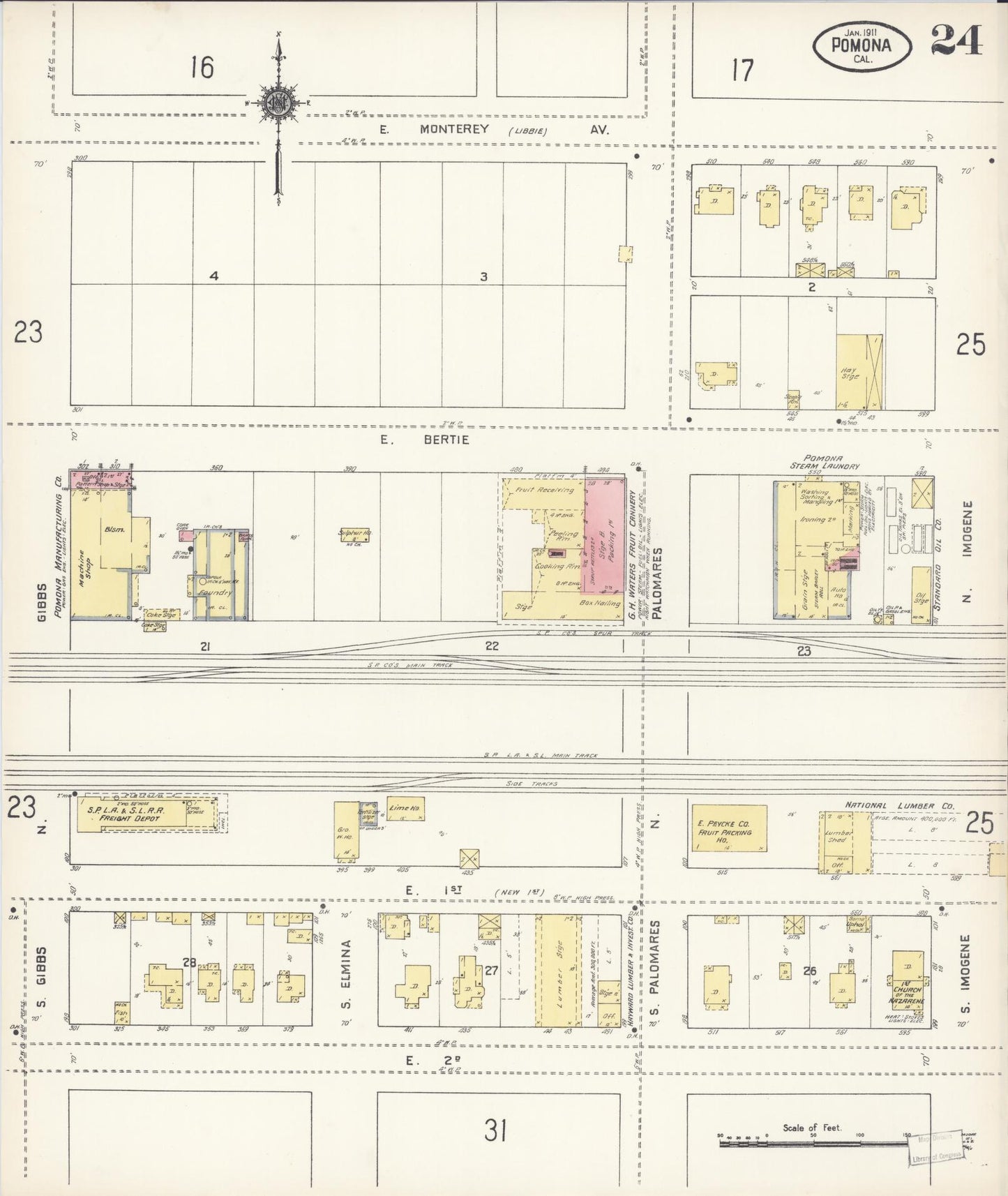 Sanborn Fire Insurance Map from Pomona, Los Angeles County, California (1911), Sheet #0024 - Complete Map Set gallery image, historic Sanborn map, vintage wall art, California California