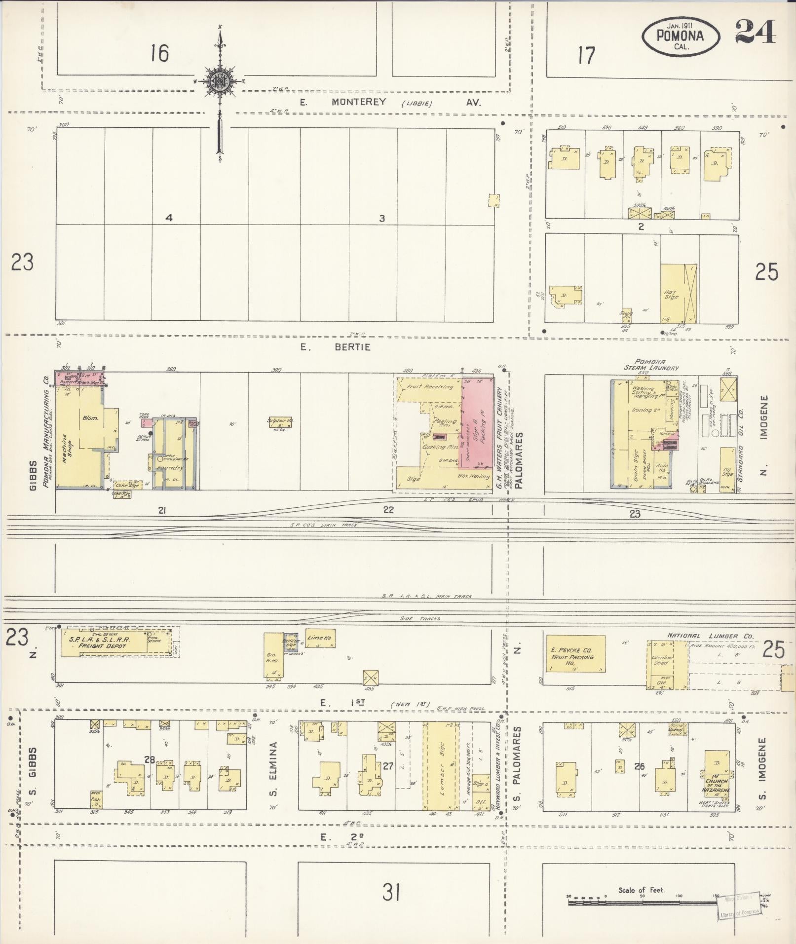 Sanborn Fire Insurance Map from Pomona, Los Angeles County, California (1911), Sheet #0024 - Complete Map Set gallery image, historic Sanborn map, vintage wall art, California California