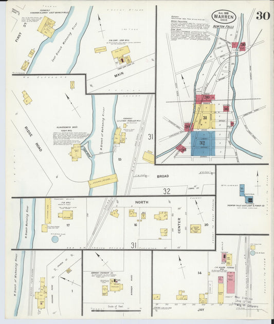 Sanborn Fire Insurance Map from Warren, Trumbull County, Ohio (1908), Sheet #0030 - Historic Sanborn Fire Insurance Map Print, vintage old map wall art, antique decor, genealogy gift, Ohio Ohio map