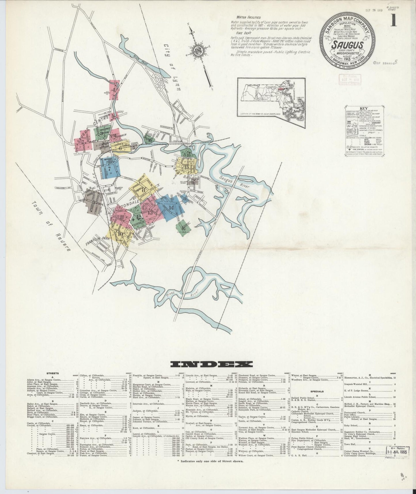 Sanborn Fire Insurance Map from Saugus, Essex County, Massachusetts (1913), Sheet #0001 - Historic Sanborn Fire Insurance Map Print, vintage old map wall art, antique decor, genealogy gift, Massachusetts Massachusetts map